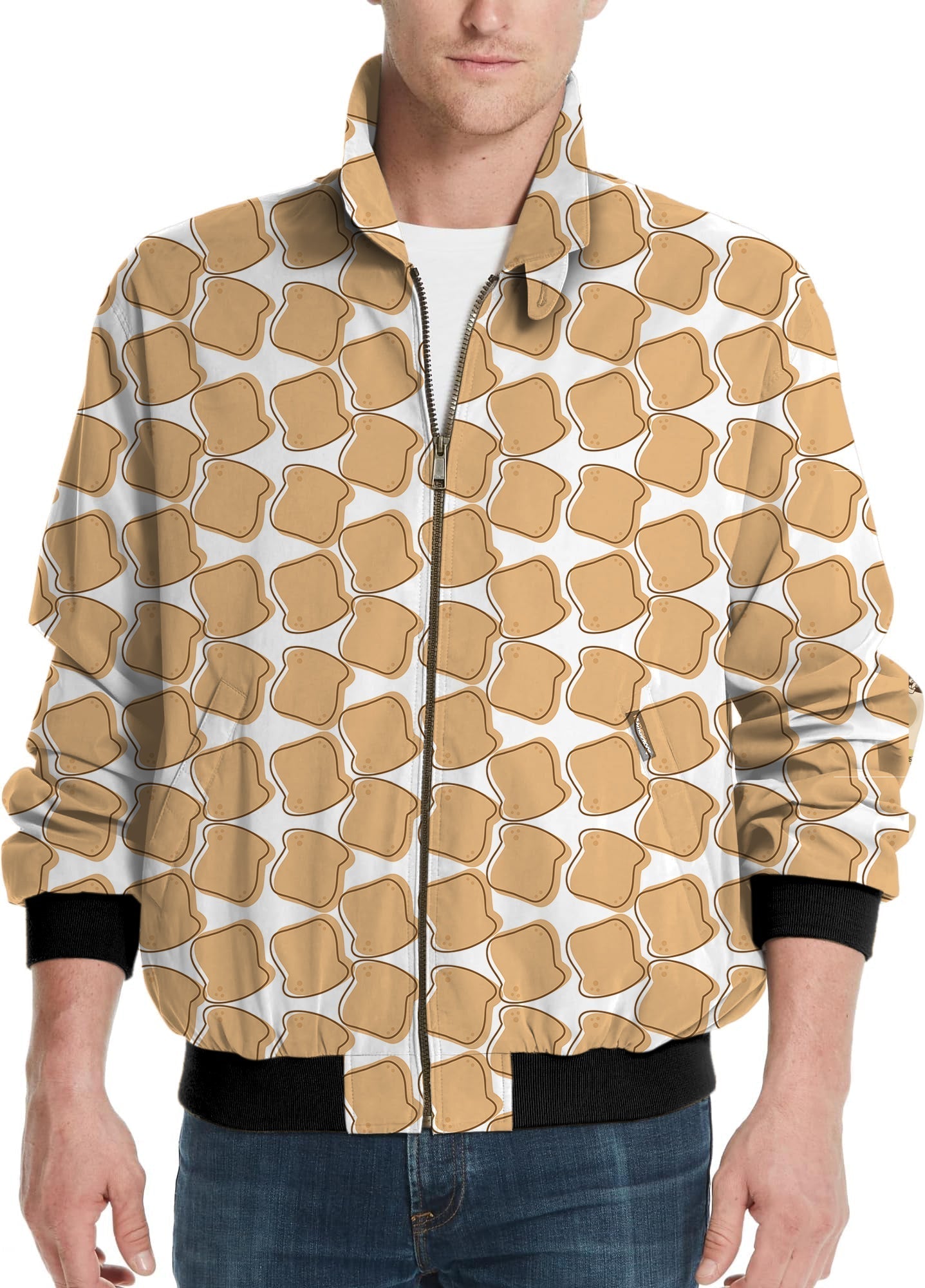 Bread Life Men's Golf Windbreaker light jacket with toasted bread pattern and black cuffs