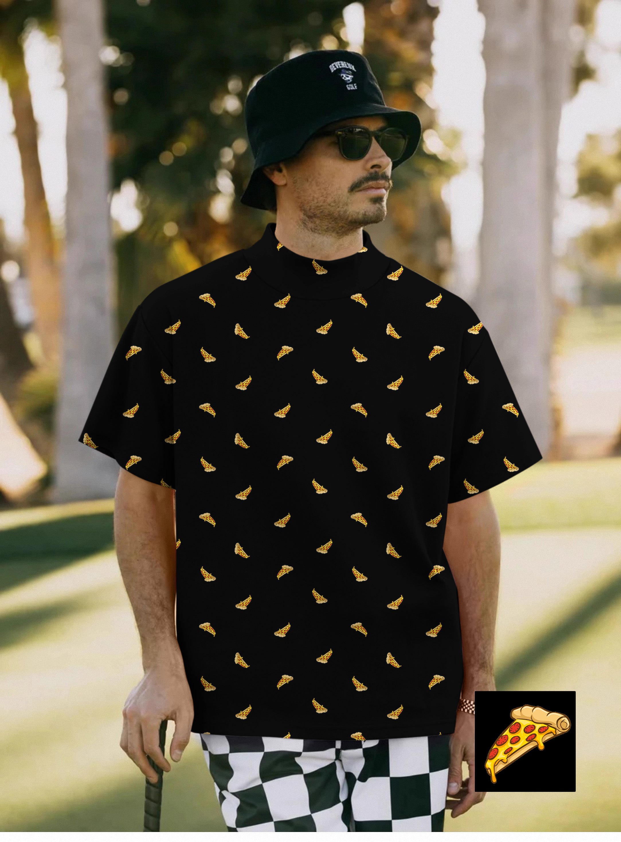 Men's black pullover t-shirt with delicious white pizza slice pattern, short sleeves, high neck