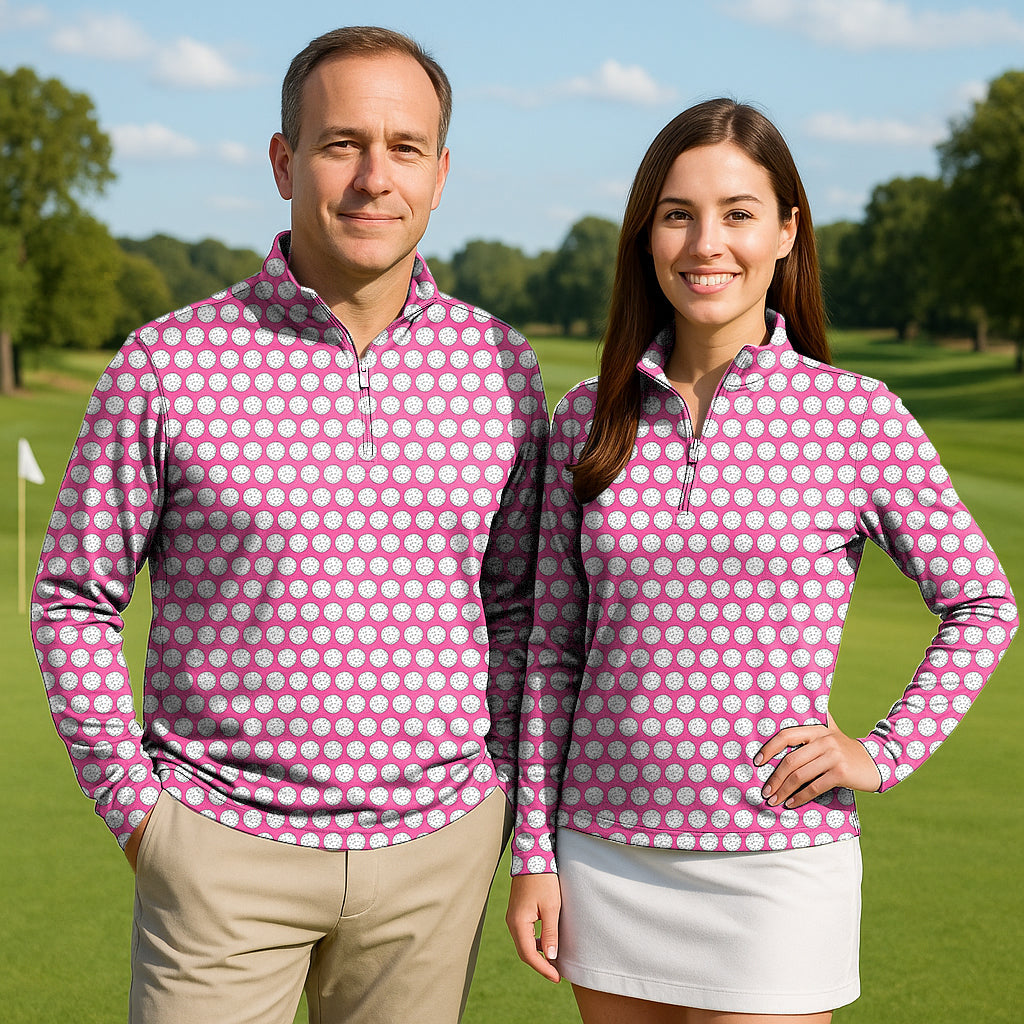 Couple wearing Golf Ball Couple Golf active 3/4 zip long sleeve tops on golf course