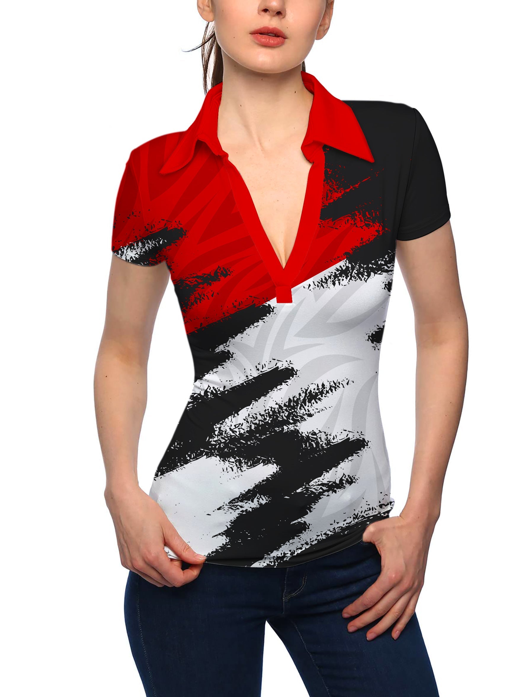 Women's red custom sport team V-neck golf polo shirt with stand collar and short sleeves