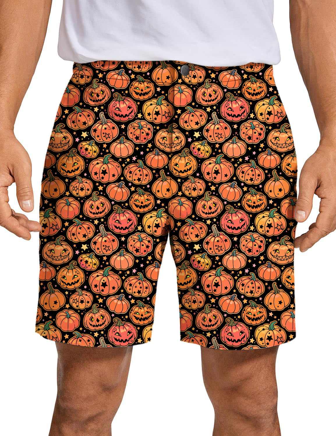 Men's Halloween golf shorts with pumpkin and bones pattern, quick-dry and lightweight performance fabric