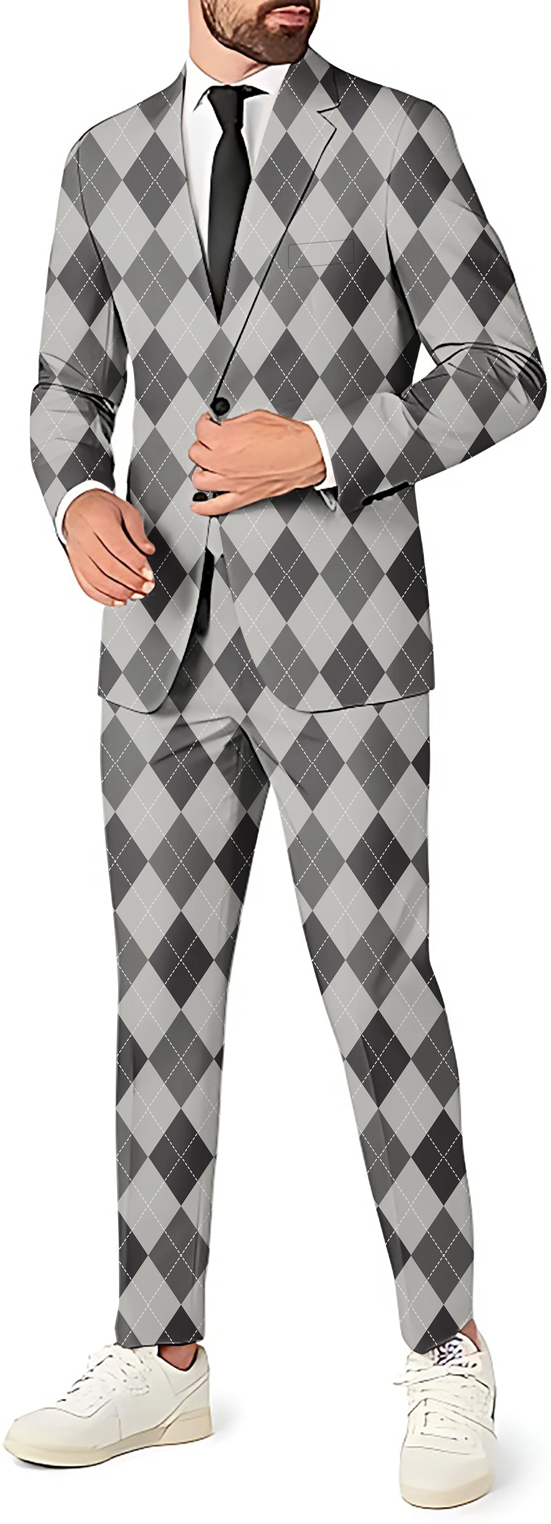 Grey argyle men's party costume 3-piece suit set with blazer, pants, and vest for themed events