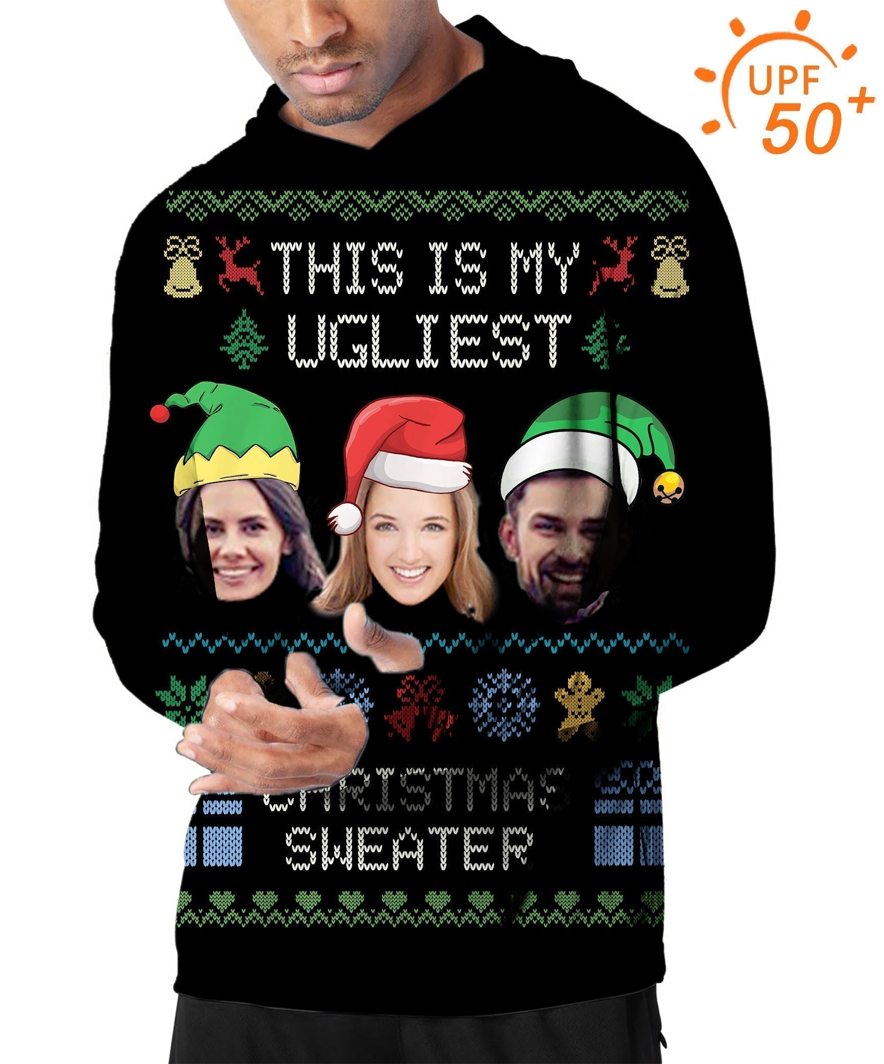 Men's outdoor black Christmas custom face golf sun protection slim fit hoodie with UPF 50+ protection and festive design