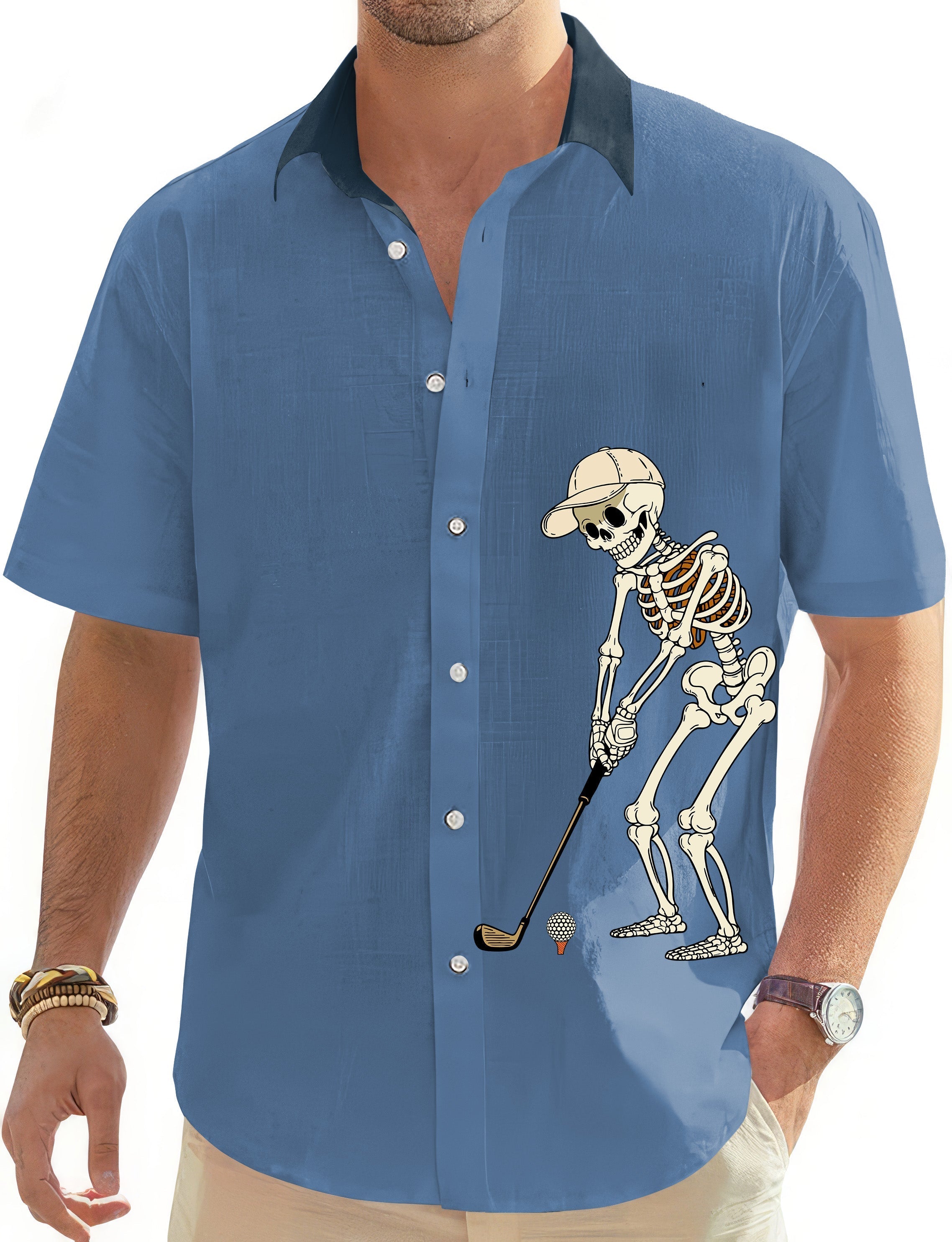 White royal blue men's button-down golf shirt with skeleton graphic and short sleeves