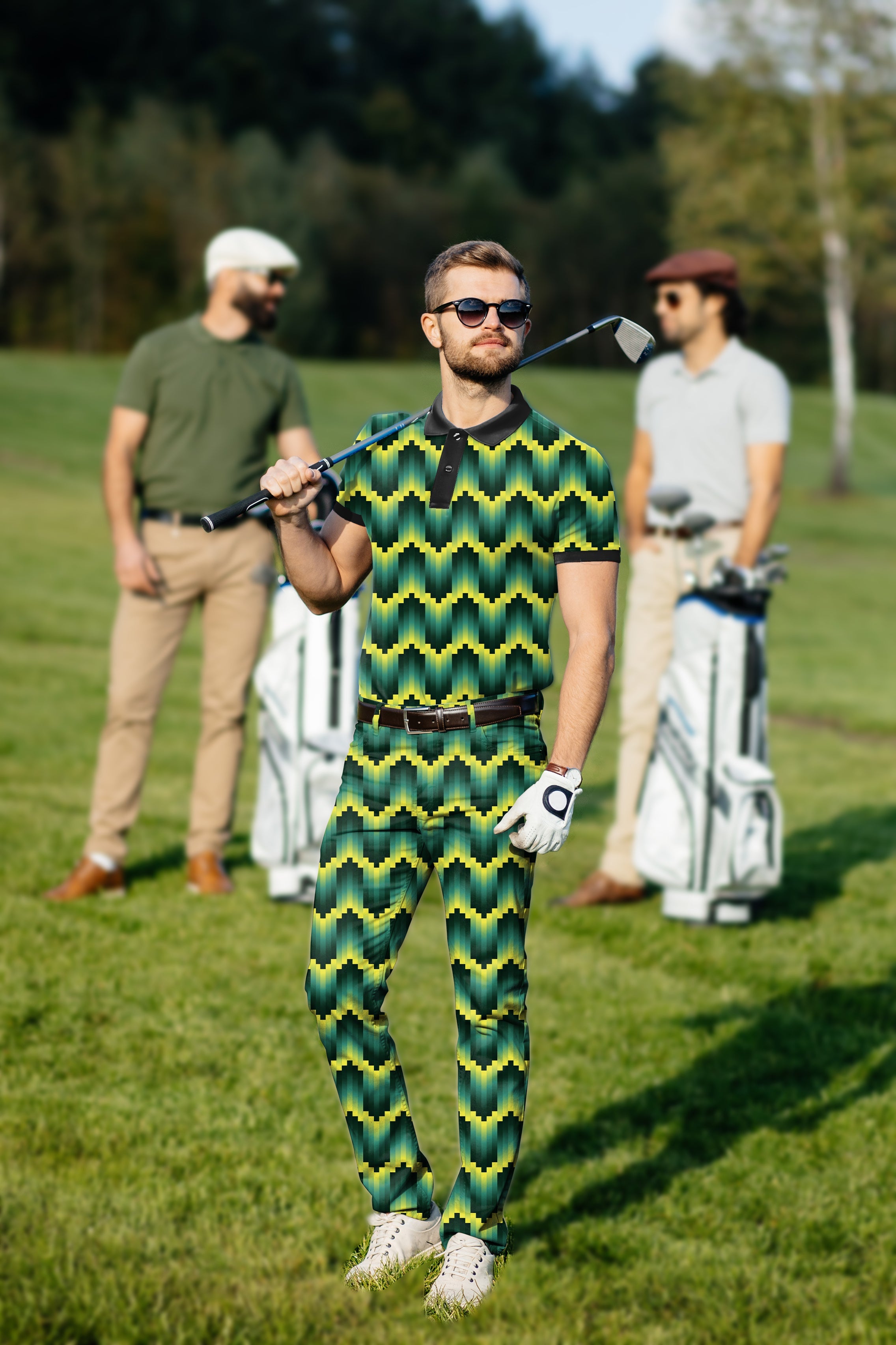 Men's golf set with green ripple pattern polo and pants, custom sport uniform, four-way stretch, moisture-wicking, UPF 40+ protection, wrinkle resistant, classic fit.