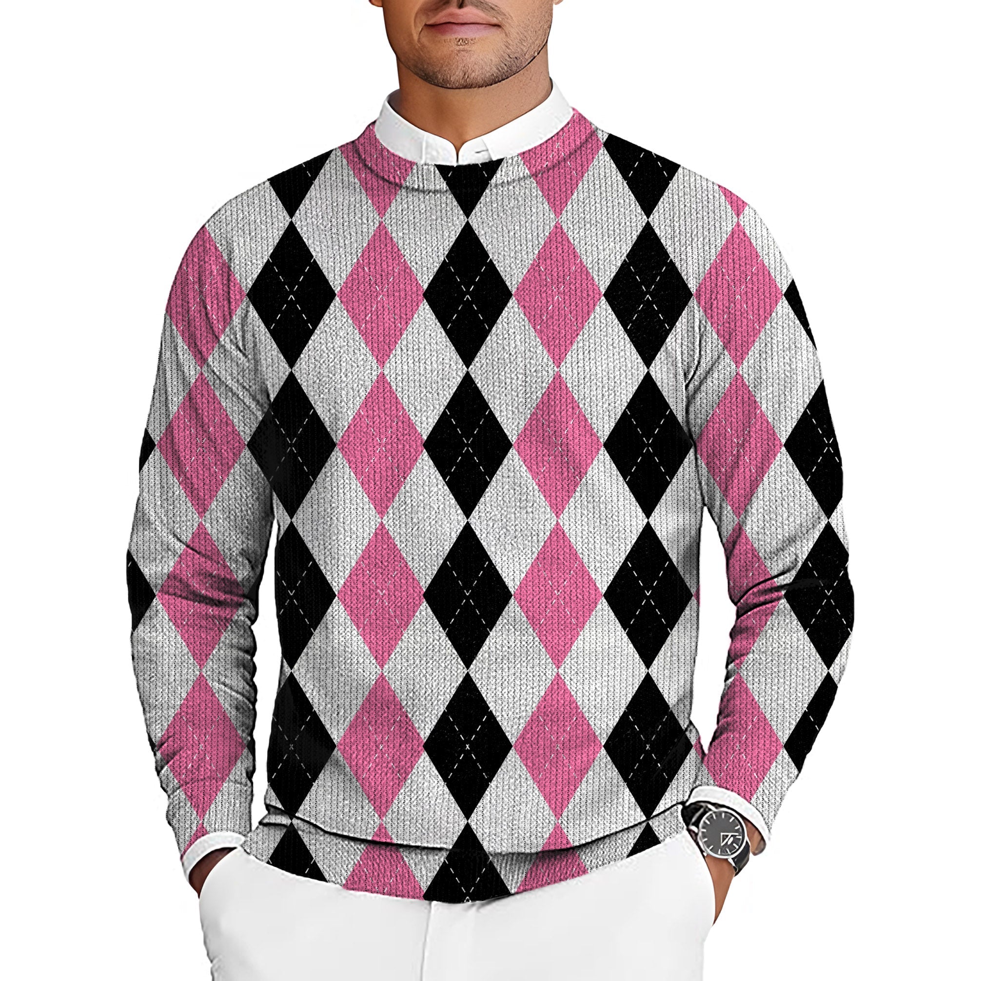 Men's golf crewneck pullover sweater with pink and black argyle pattern