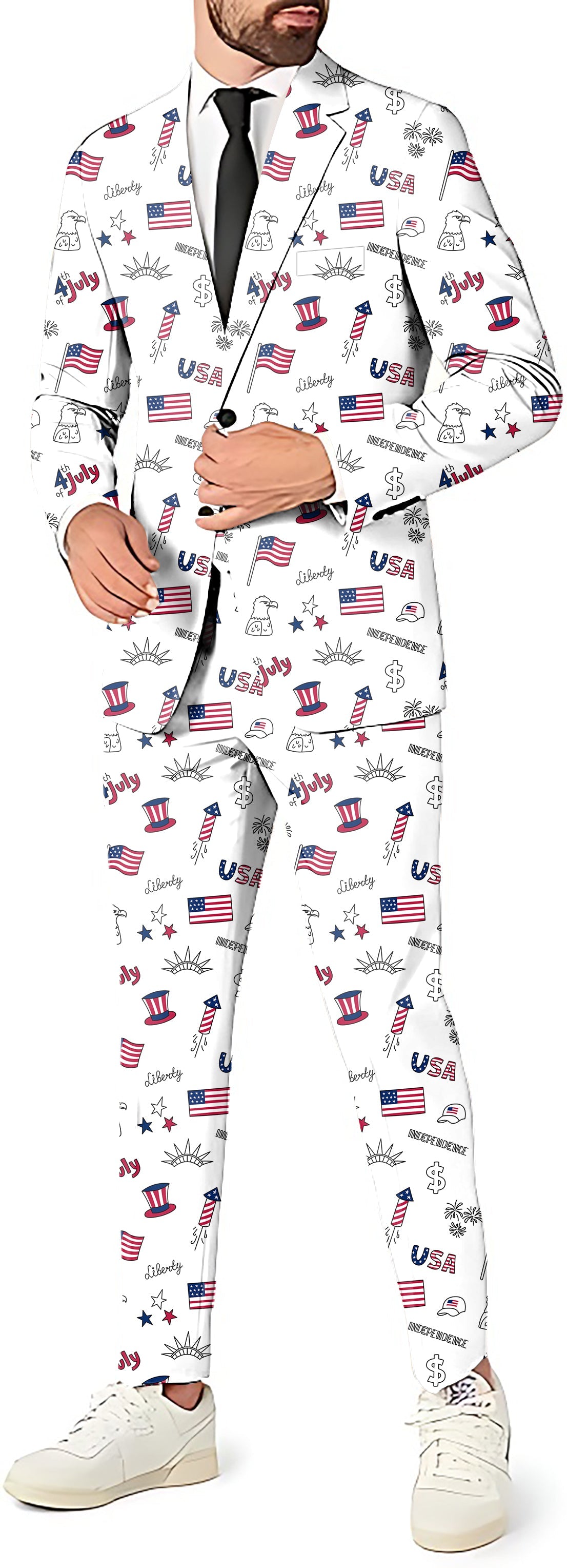 American flag men's party costume suit with blazer, pants, and vest featuring USA-themed prints
