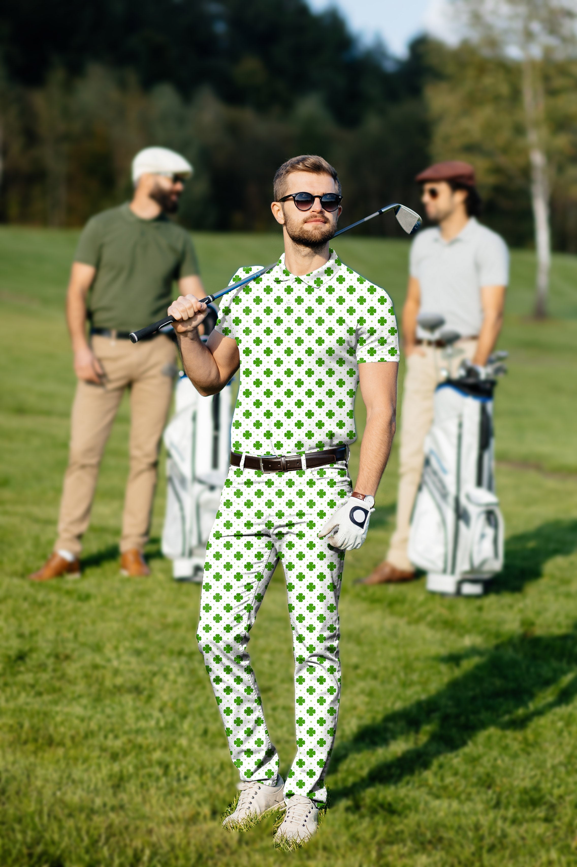 Men's golf set with leaf clover pattern, four-way stretch, moisture-wicking fabric, and classic fit.