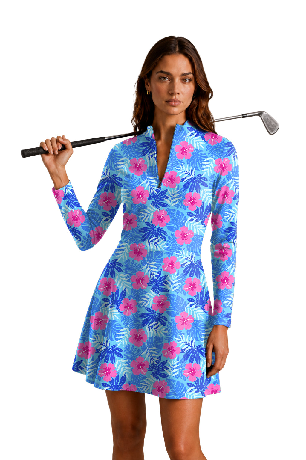 Vivid Bloom flower Women's Golf Long Sleeve Zipper Dresses Comes with separate matching shorts