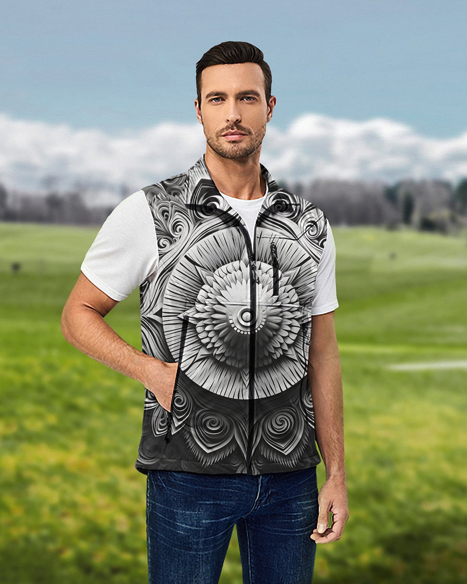 Men's Artistry Motion lightweight softshell vest sleeveless jacket with black and white design on golf course