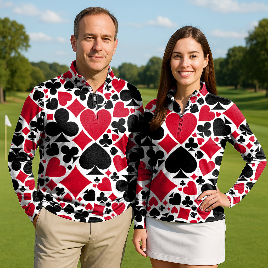 Poker Couple Golf 3/4 zip tops with card suit design, long sleeves, mock collar, lightweight, sun-protective activewear