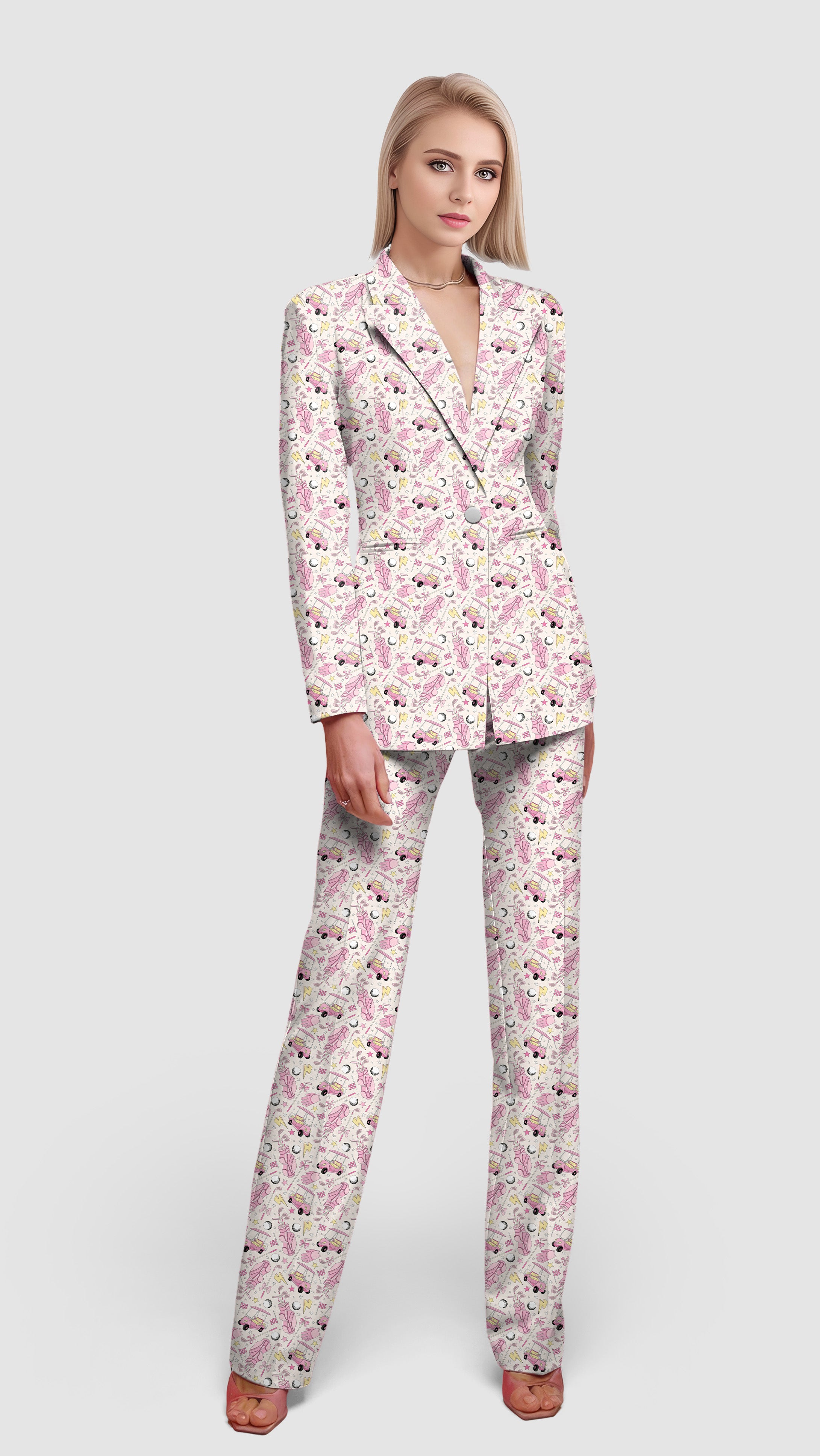Pink Golf Cartoon Women's Blazer Casual Work Office Blazer Suit set