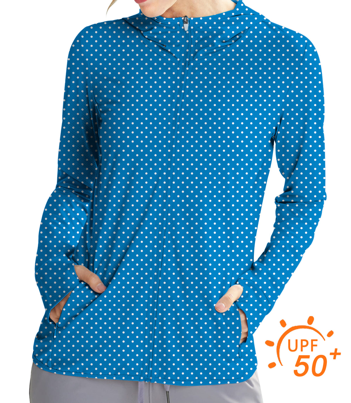 Women's Outdoor Sky blue with white polka dots Golf Sun Protection Slim Fit zip hoodies