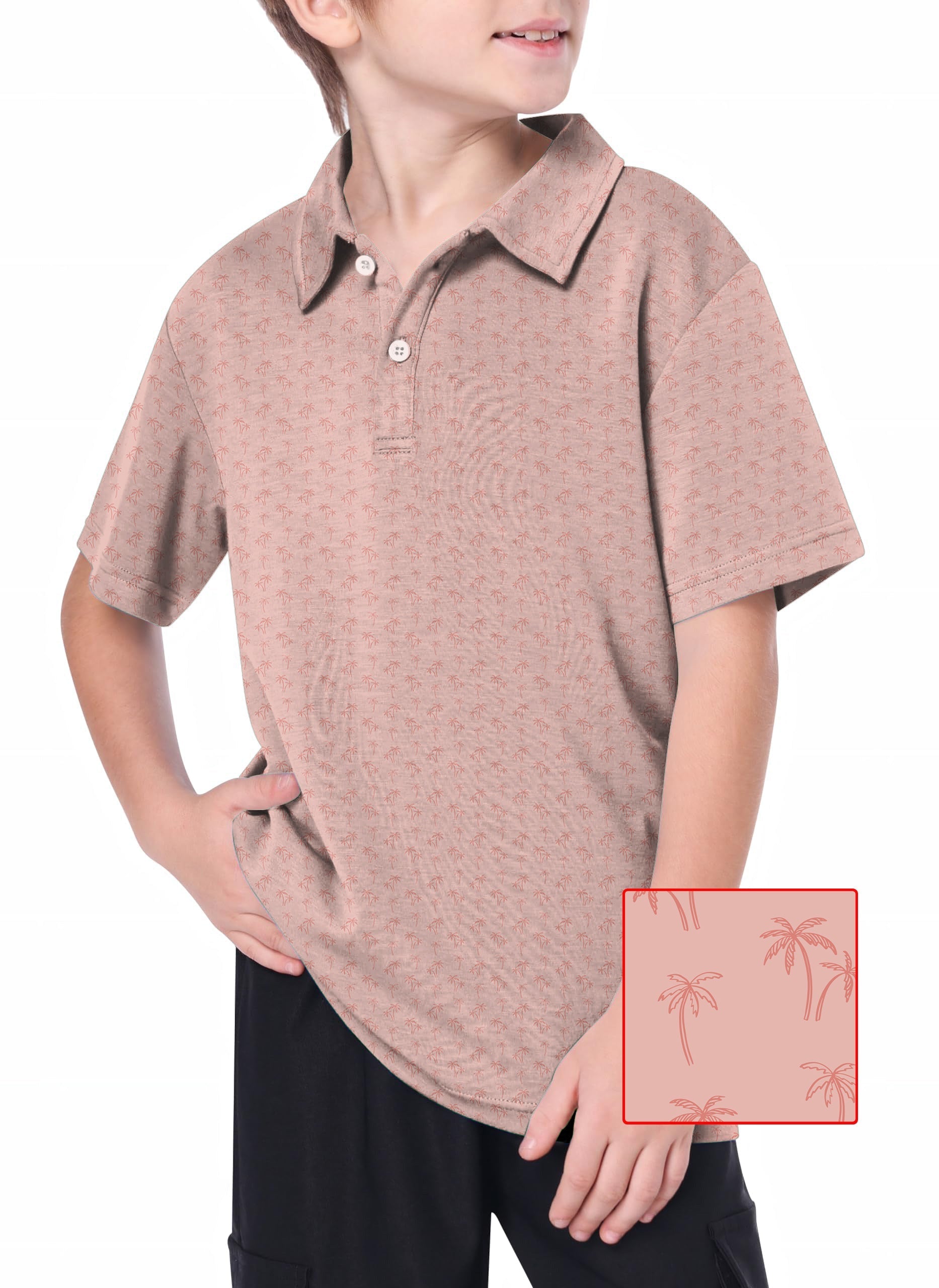Youth pink coconut trees golf polo shirt with 4-way stretch and moisture-wicking fabric for kids