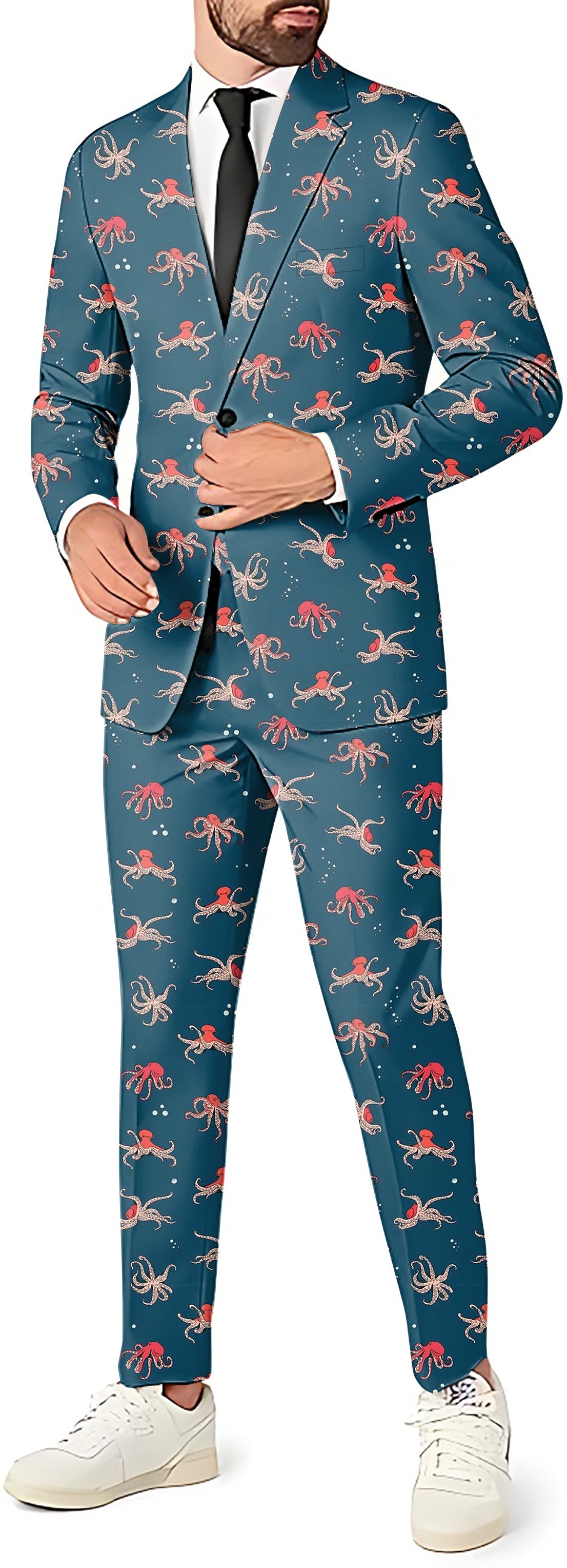 Octo Life men's party suit with octopus print blazer, pants, and vest for themed events