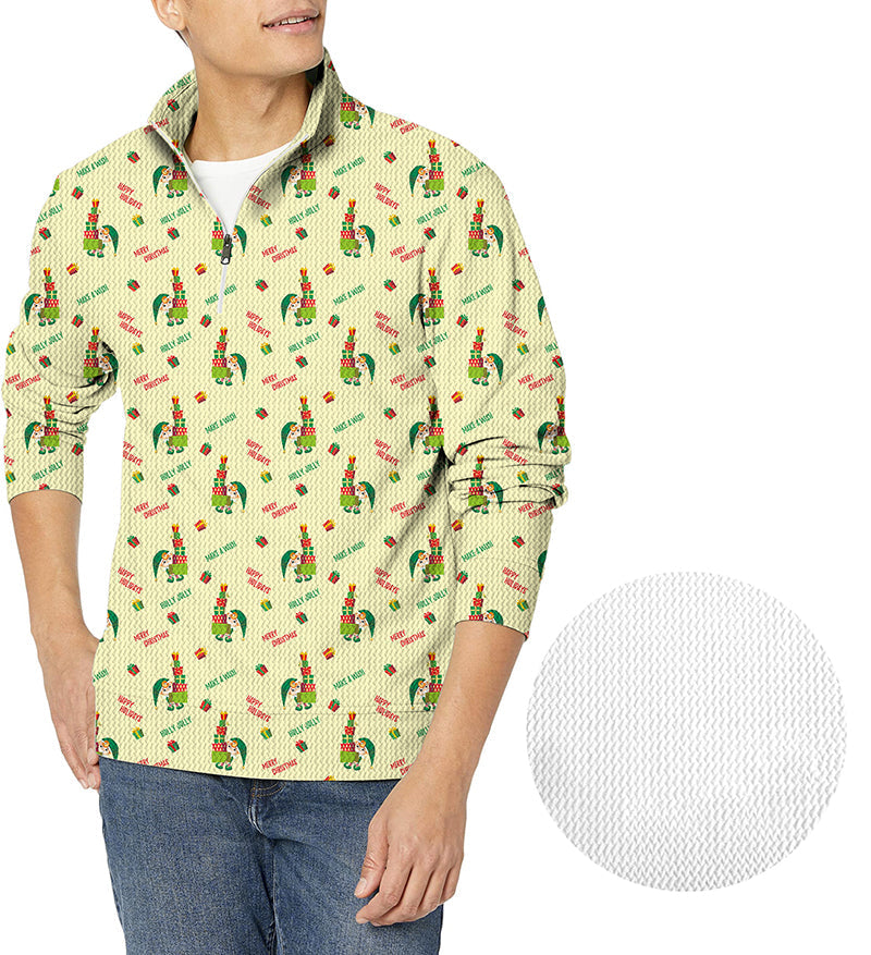 Men's Christmas Little Green Man golf waffle zipper pullover shirt with festive print and textured fabric