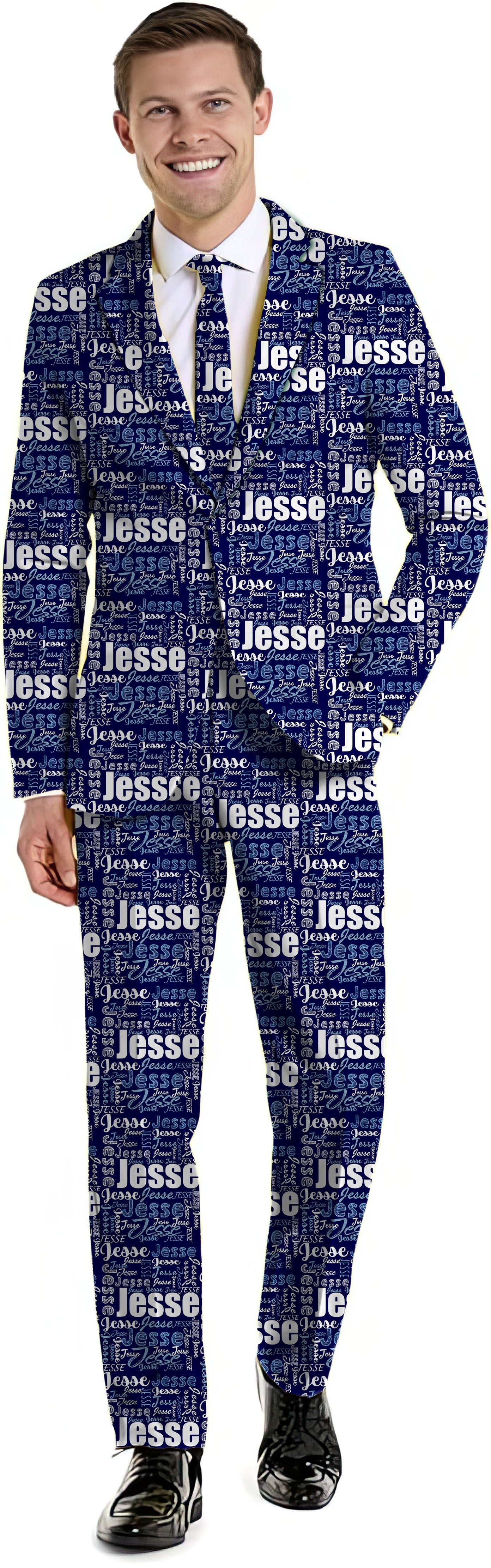 navy blue custom name men's party suit with blazer, pants, and vest