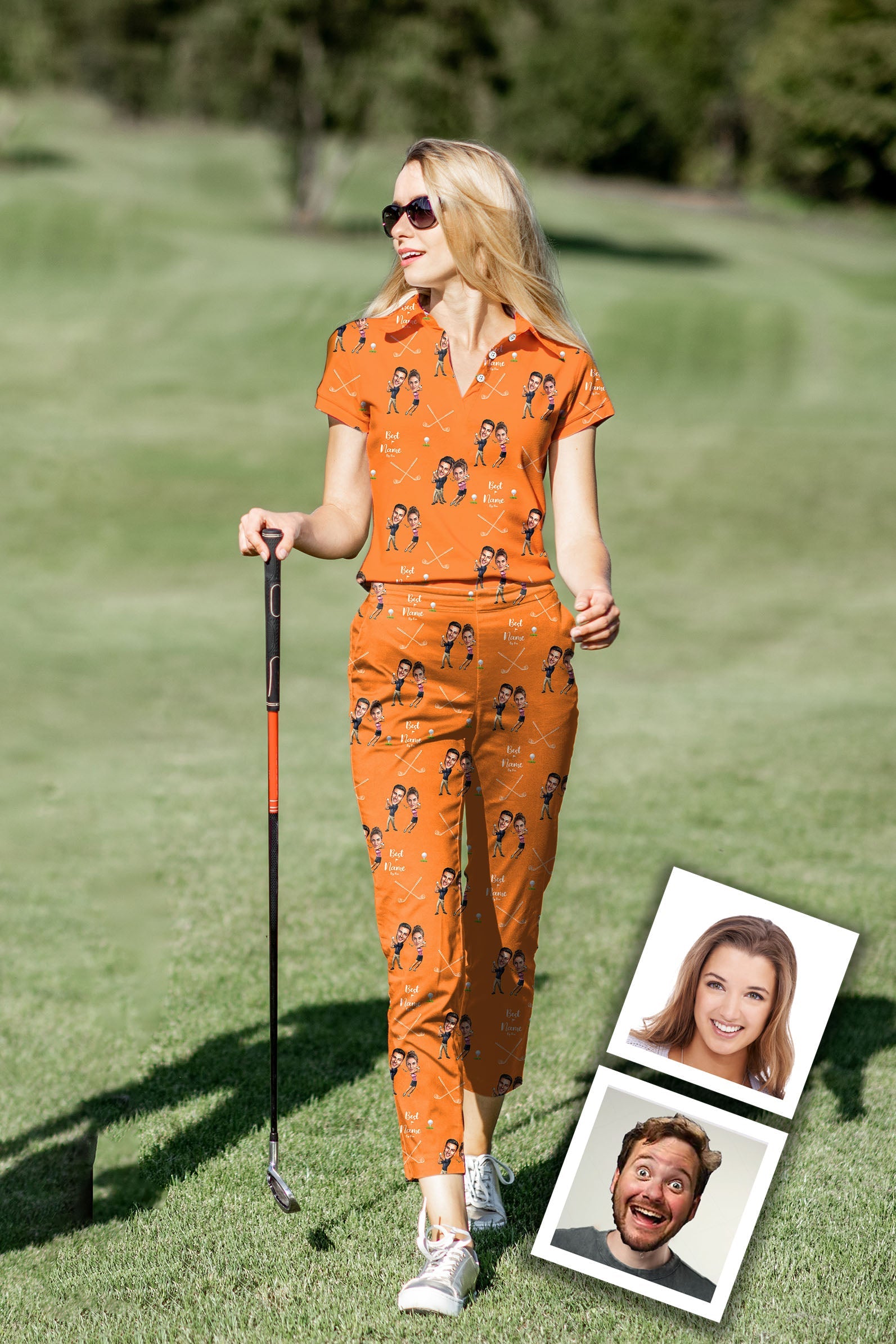 Women's golf polo and pants set with custom photo and name, comfortable four-way stretch, moisture-wicking, wrinkle-resistant, and UPF 40+ protection