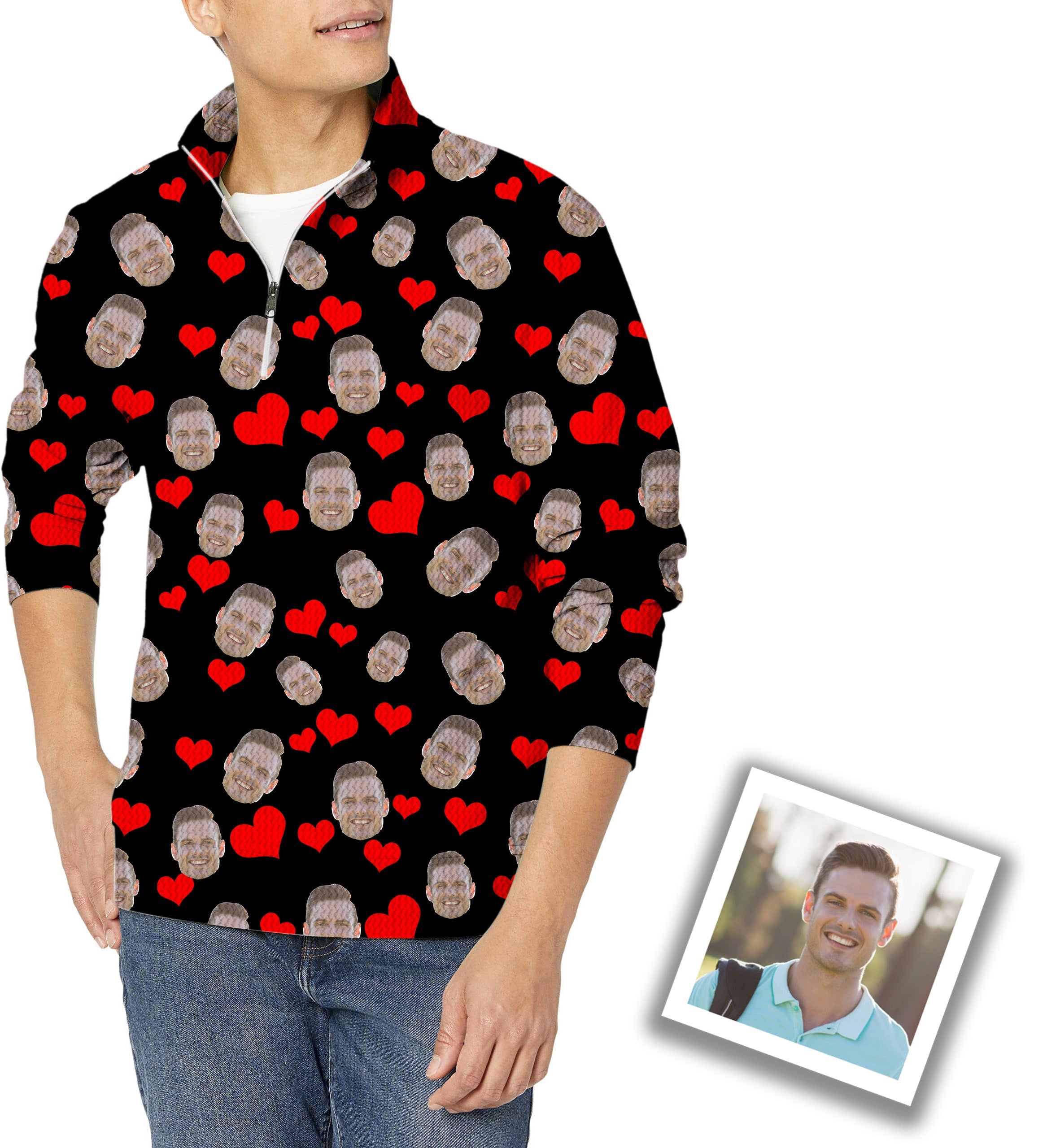 Men's golf waffle zipper pullover with custom red heart and funny face photo pattern