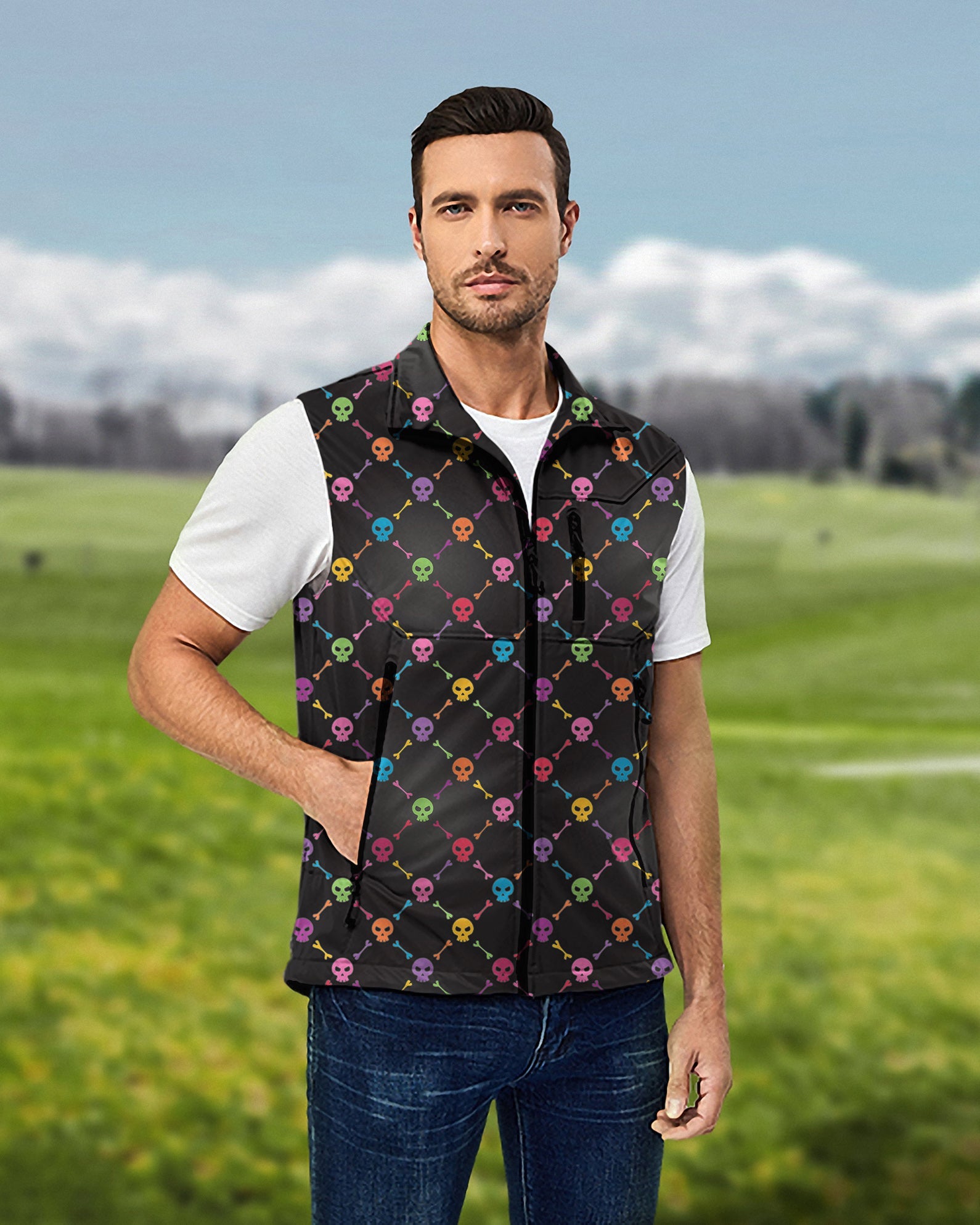 Men's Halloween Colors skull pattern lightweight softshell vest sleeveless jacket for golf, windproof and waterproof