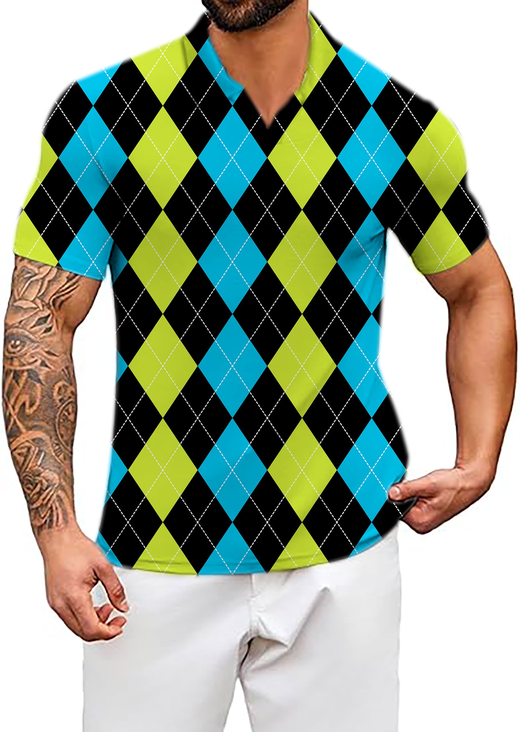 Men's Coconut Palm black green blue argyle V neck golf polo shirt with stretch and UV protection