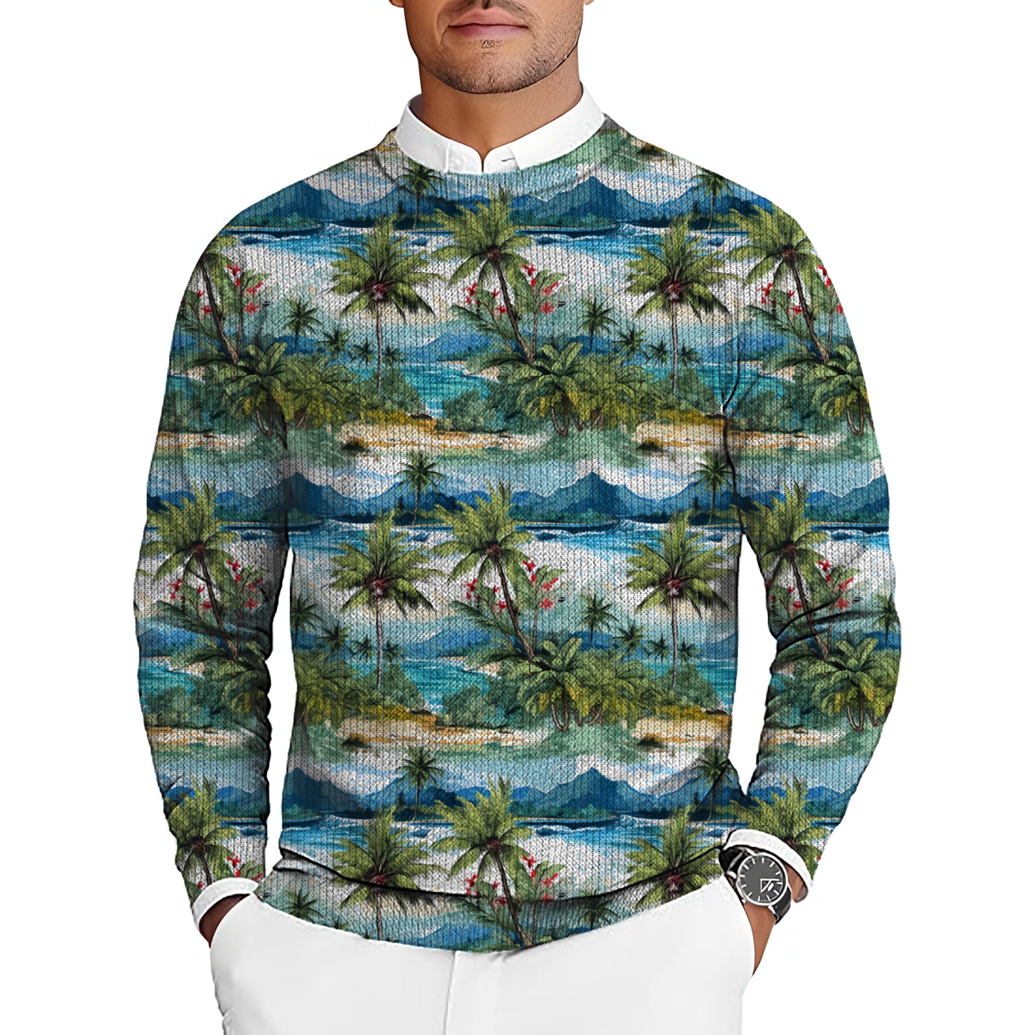 Men's golf crewneck pullover sweater with Hawaii palm tree pattern