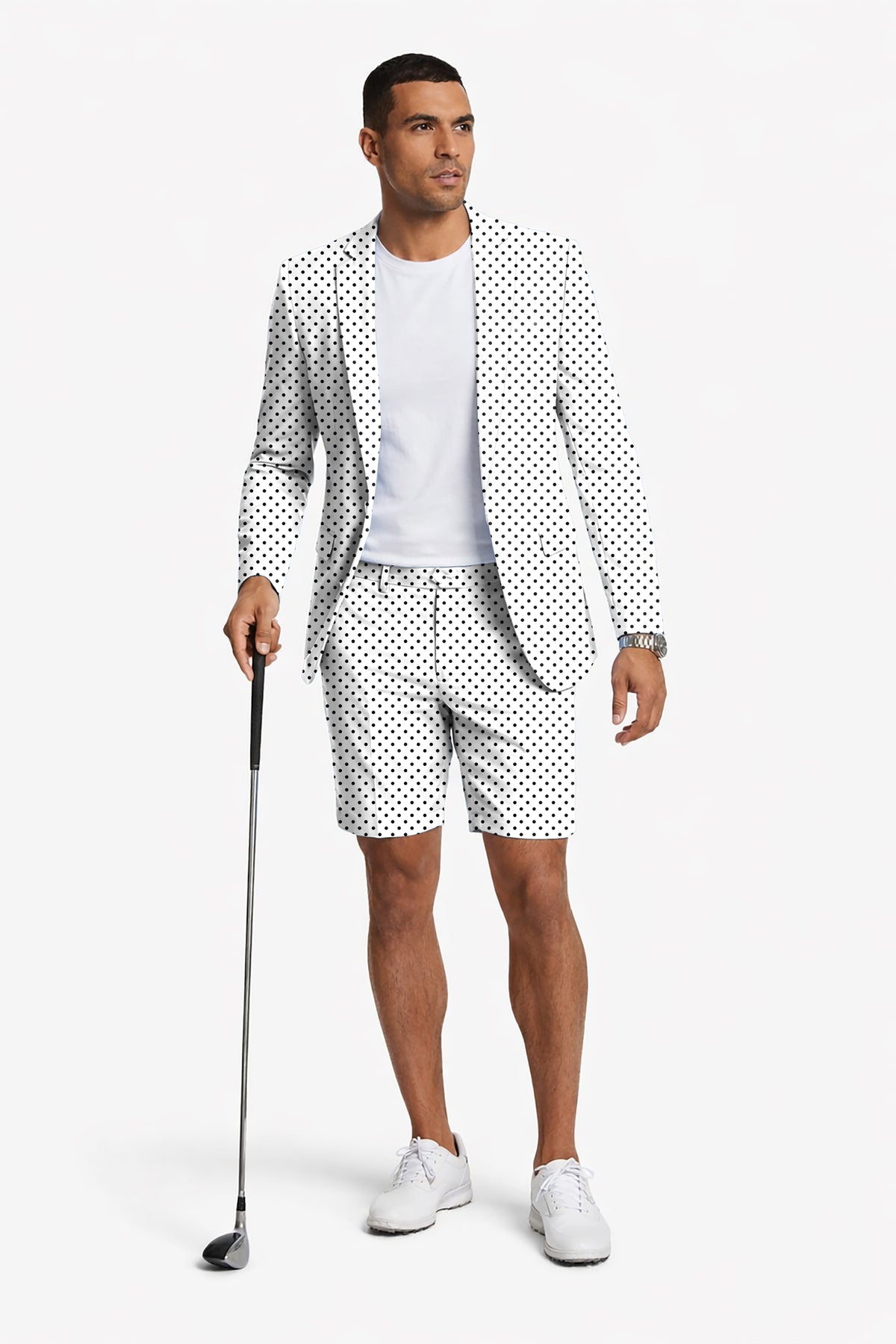 Black polka dots white background Men's Party Costumes-Theme Party 2pcs Suit set-Blazer Shorts
