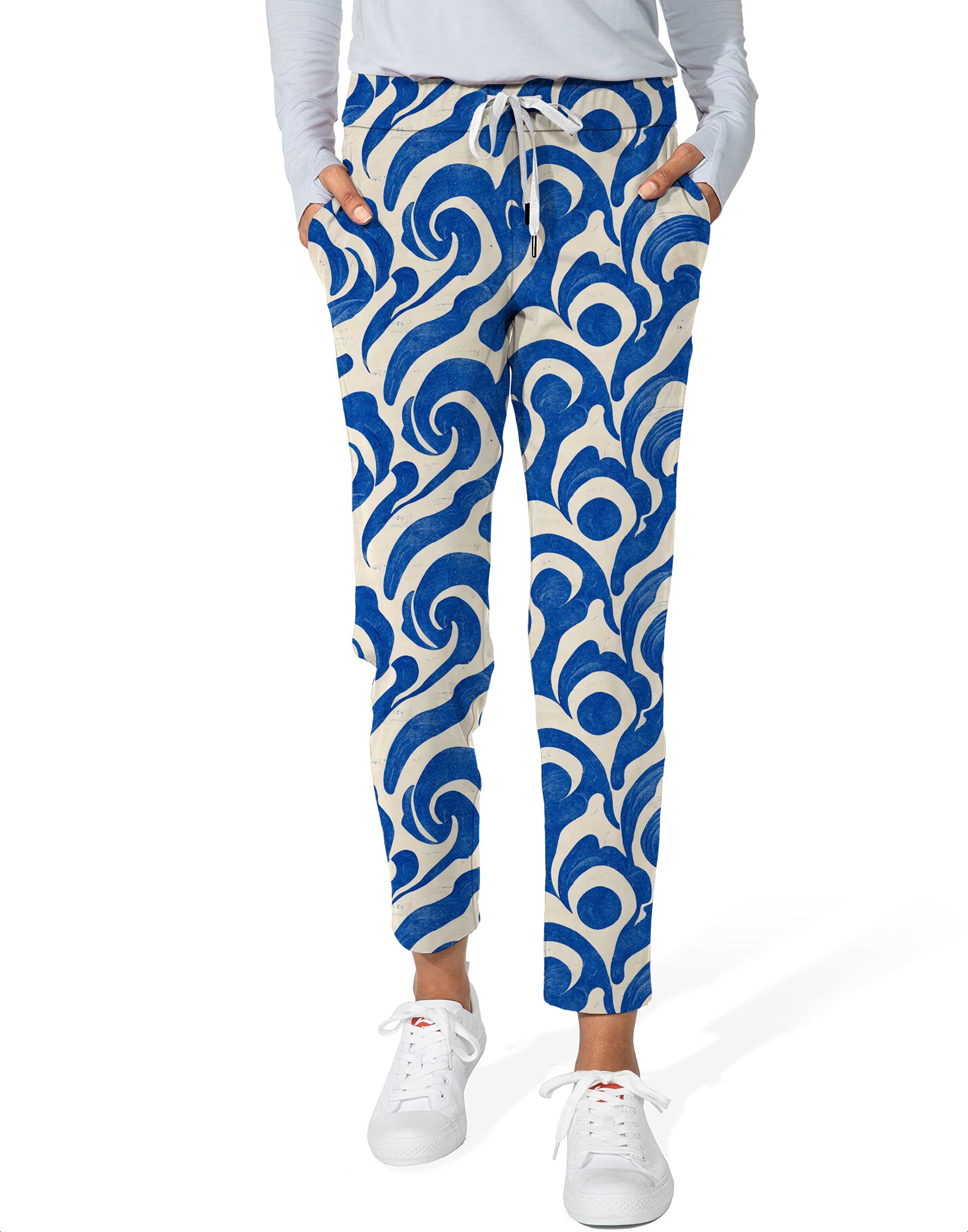 Women's Blue Harmony 7/8 stretch ankle golf pants with blue and beige pattern