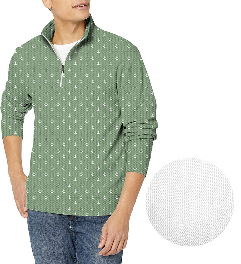 Grass green men's waffle pullover with anchor pattern and zipper for golf tournaments