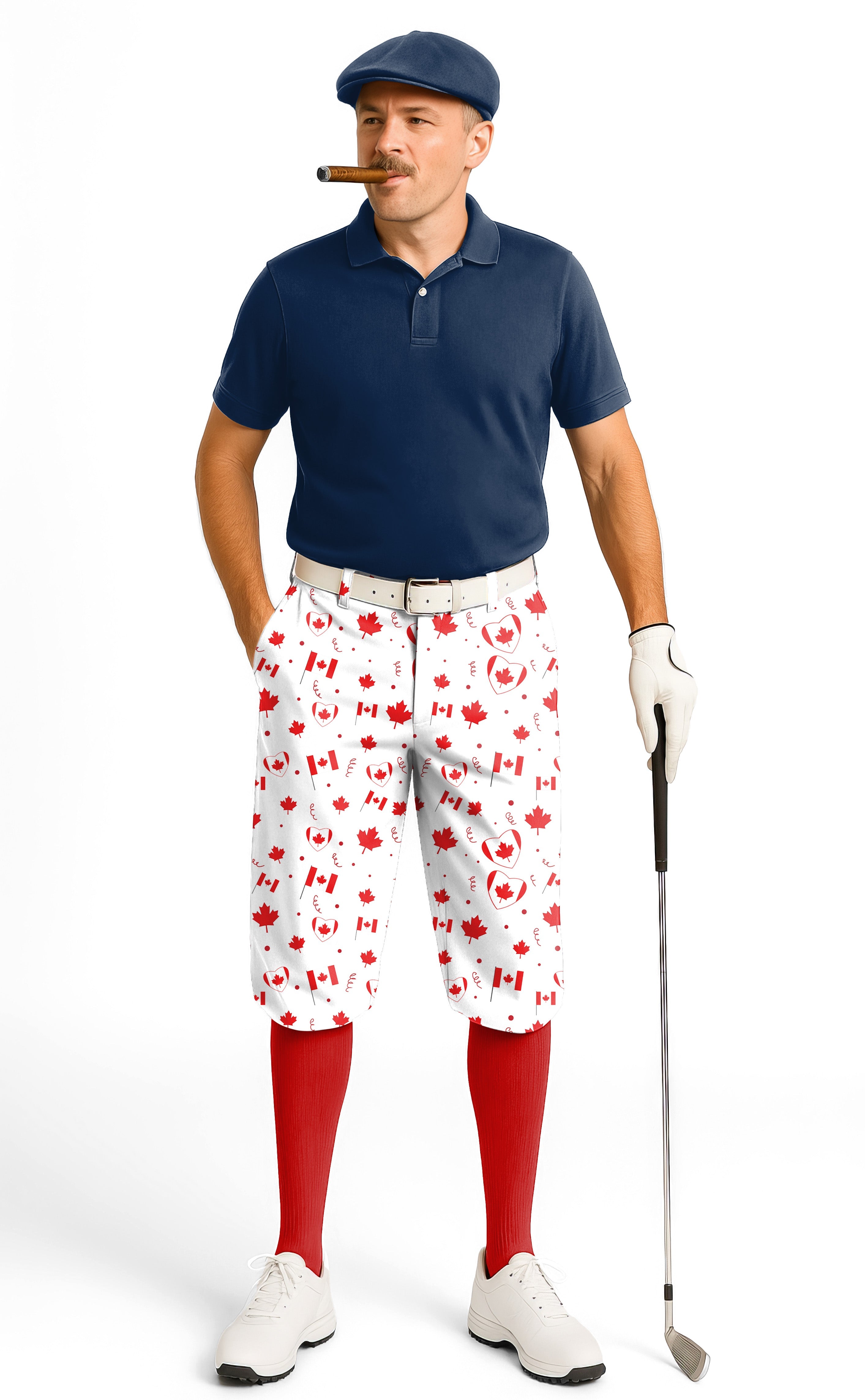 Man wearing Canadian Patriotic Flag golf knickers with red socks and navy polo on golf course