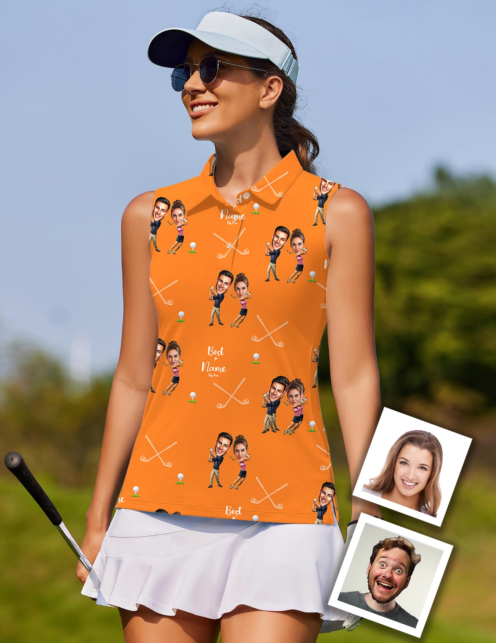 Custom Couple Photo Face & Name-Women's golf Sleeveless shirt