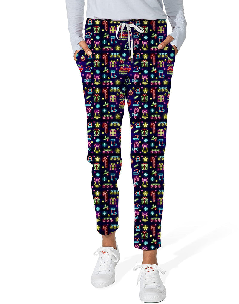Neon Merry Christmas women's 7/8 stretch ankle golf pants with festive print, elastic waistband, and side pockets.
