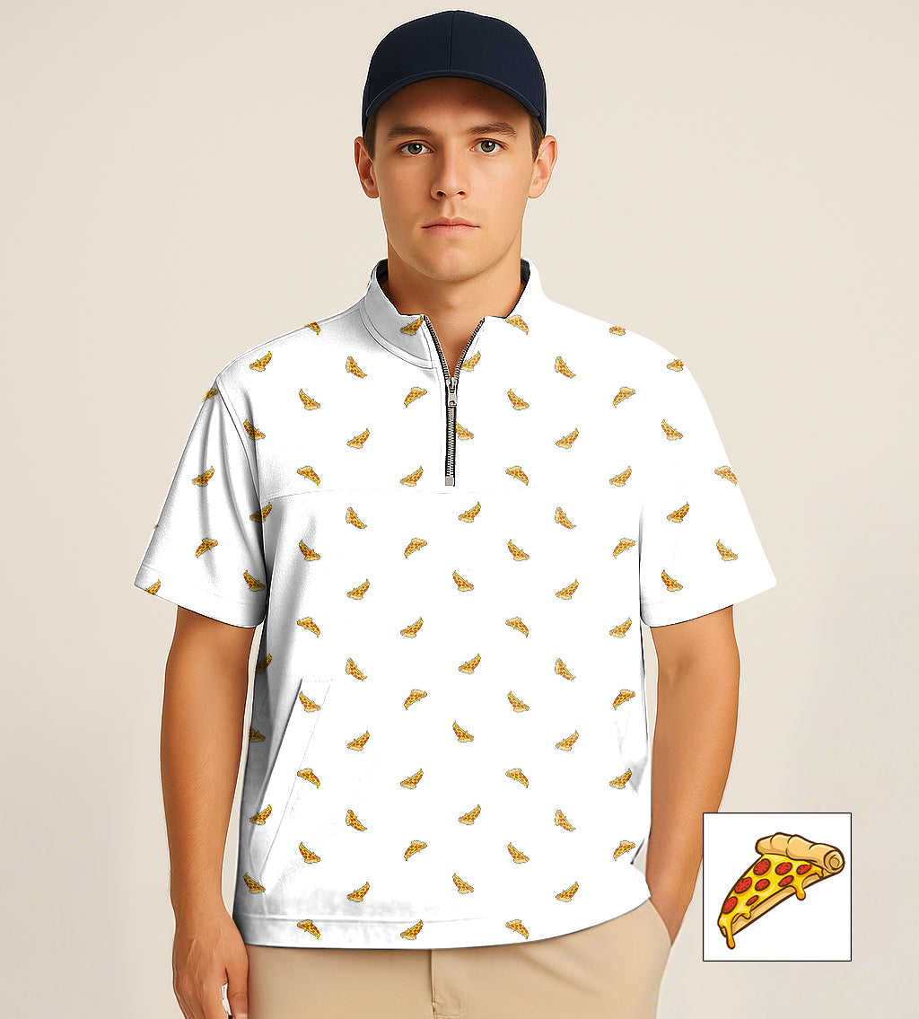 Half zipper turtleneck golf shirt with white pizza pattern embroidery and customizable design
