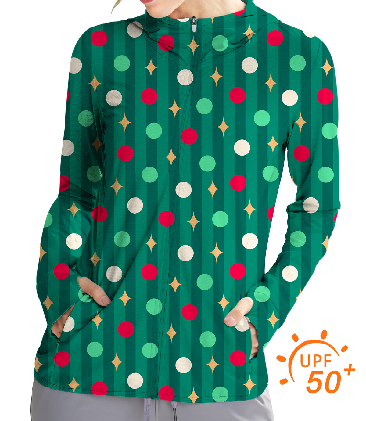 Women's Outdoor Green Christmas Lollipops Golf Sun Protection Slim Fit zip hoodies