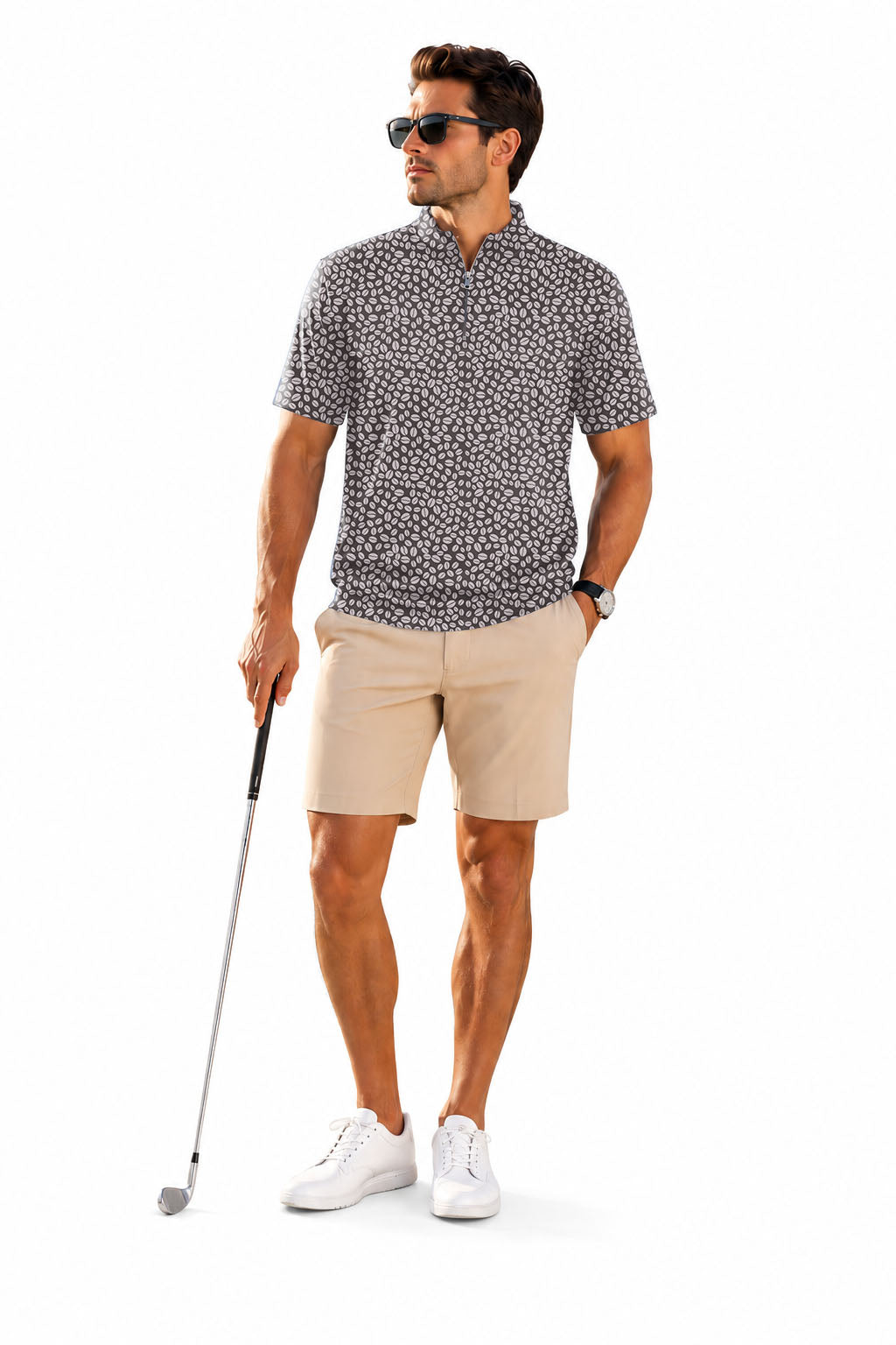Men's Short Sleeve Quarter Zip Golf Pullover Coffee Beans Embroidery