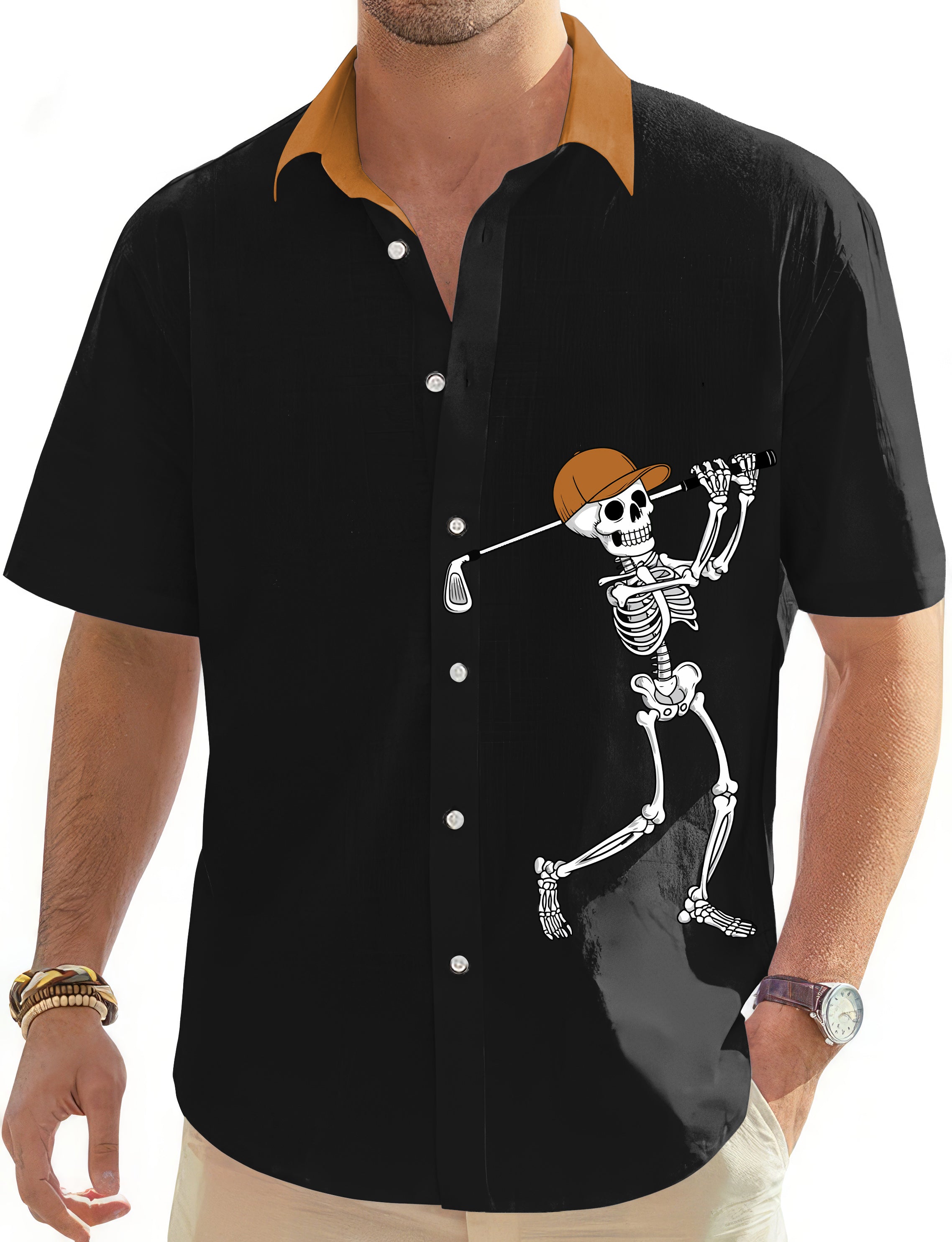 Men's pumpkin black Halloween skeleton golf Hawaiian button down shirt with short sleeves and contrasting collar