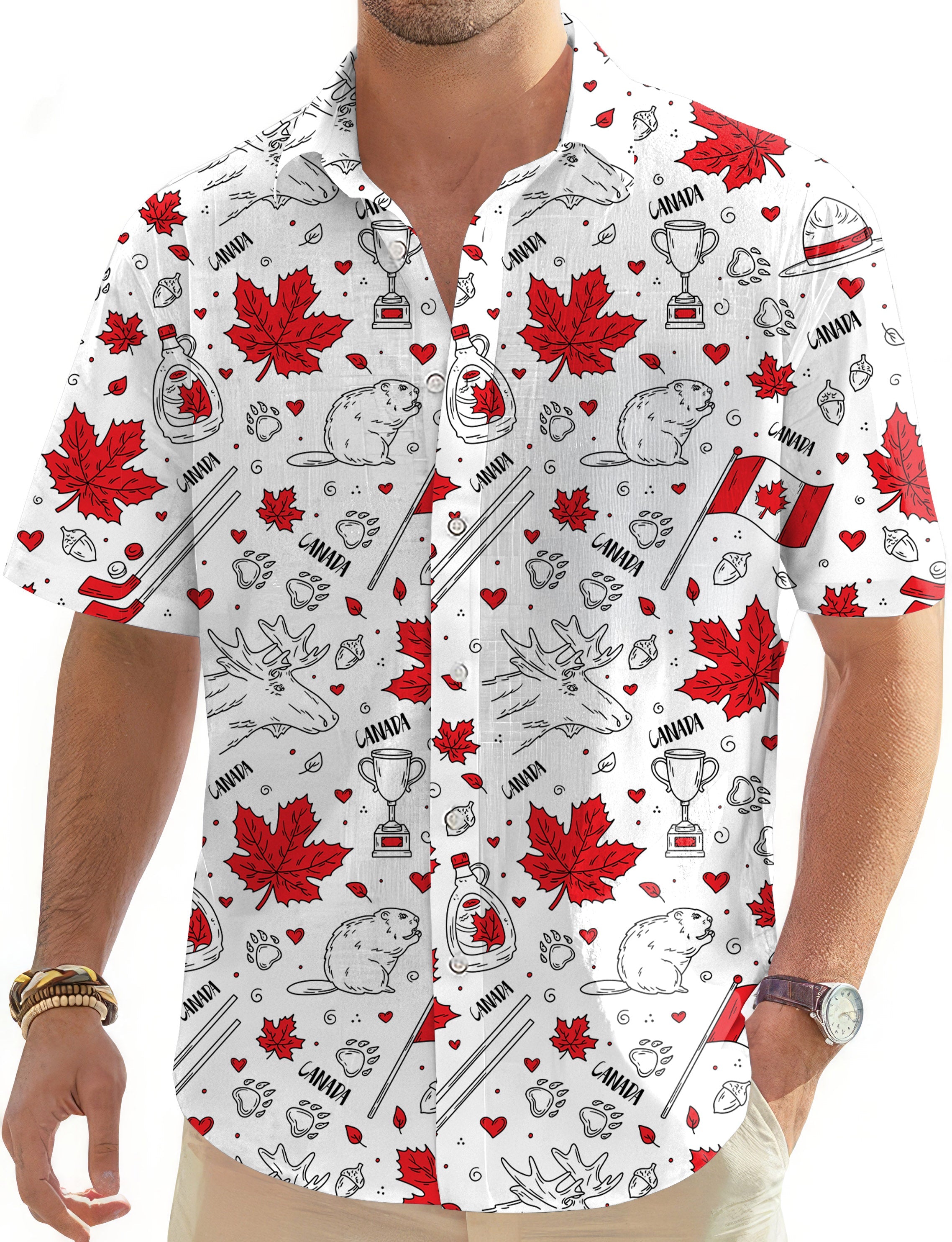 Men's Canadian Balloon Squirrel Hawaiian shirt with maple leaves and hockey-themed design