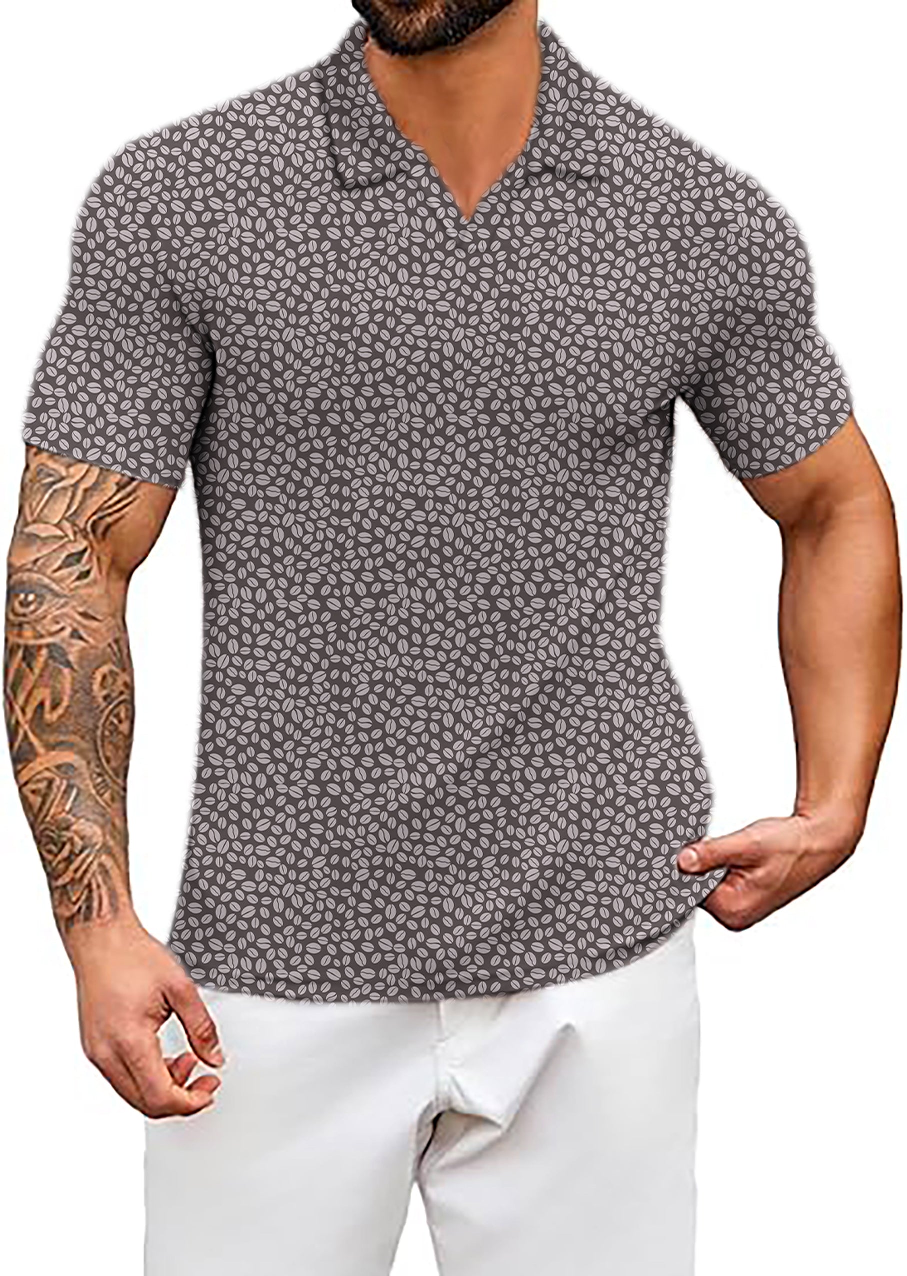 Men's Coconut Palm navy blue ink dots V coffee beans short sleeve shirt with custom fit and moisture-wicking fabric