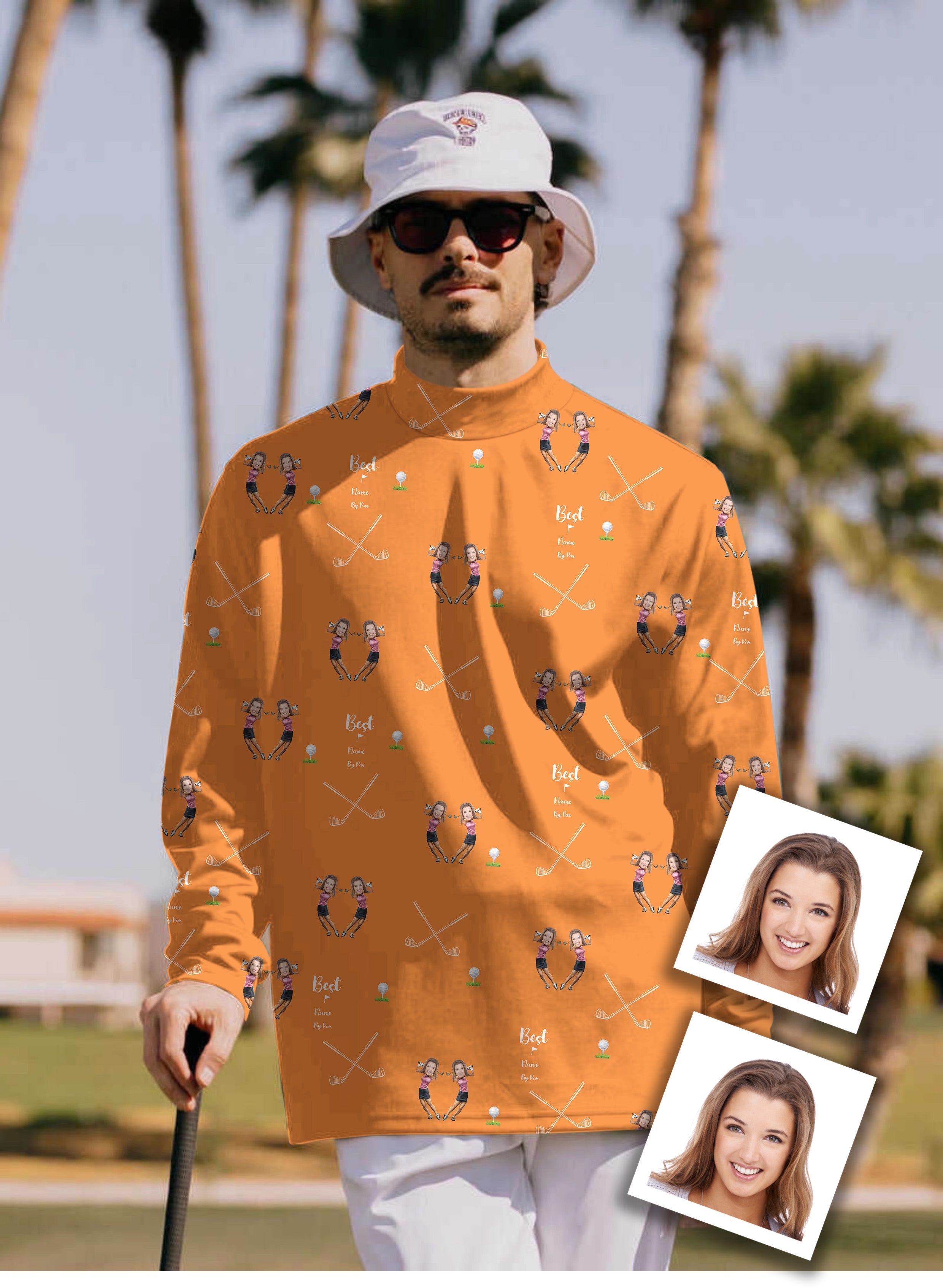 Men's custom pullover with sister's photo face and name, high neck long sleeve golf shirt
