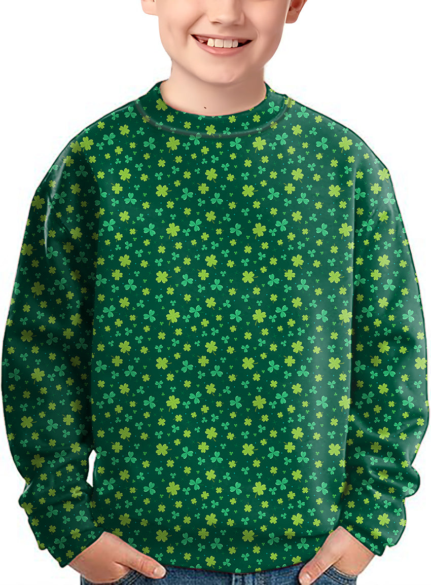 Kids St. Patrick's Day crewneck pullover with green clover pattern ugly sweater