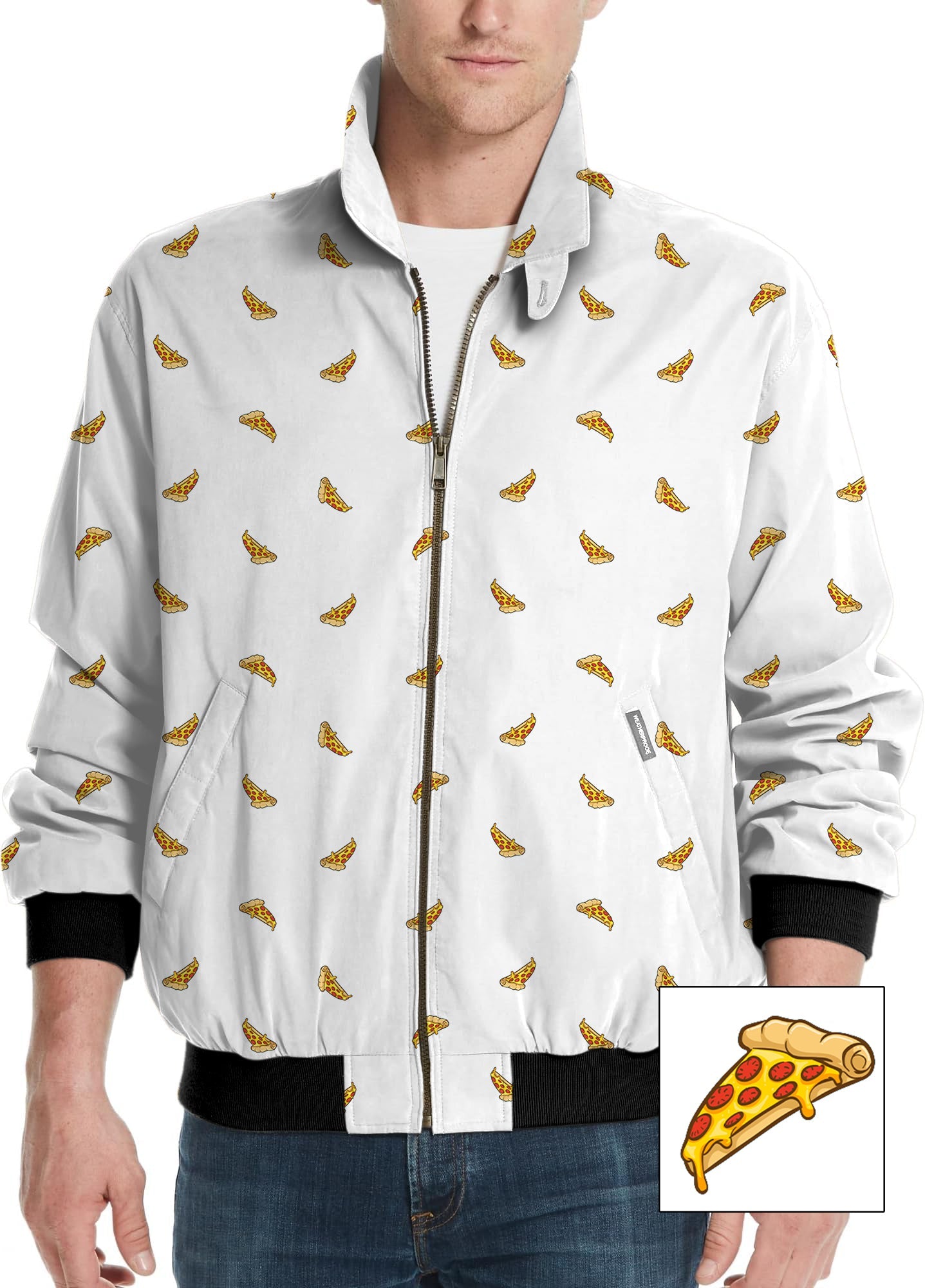 Men's golf windbreaker jacket with custom white pizza slice pattern