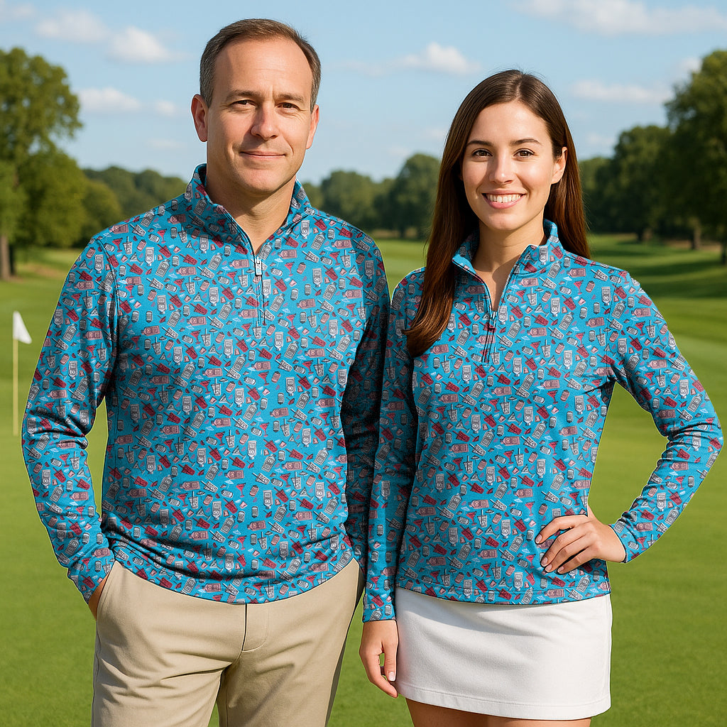 Day drinker Couple Golf Active 3/4 zip top with mock collar and blue patterned fabric worn by man and woman on golf course