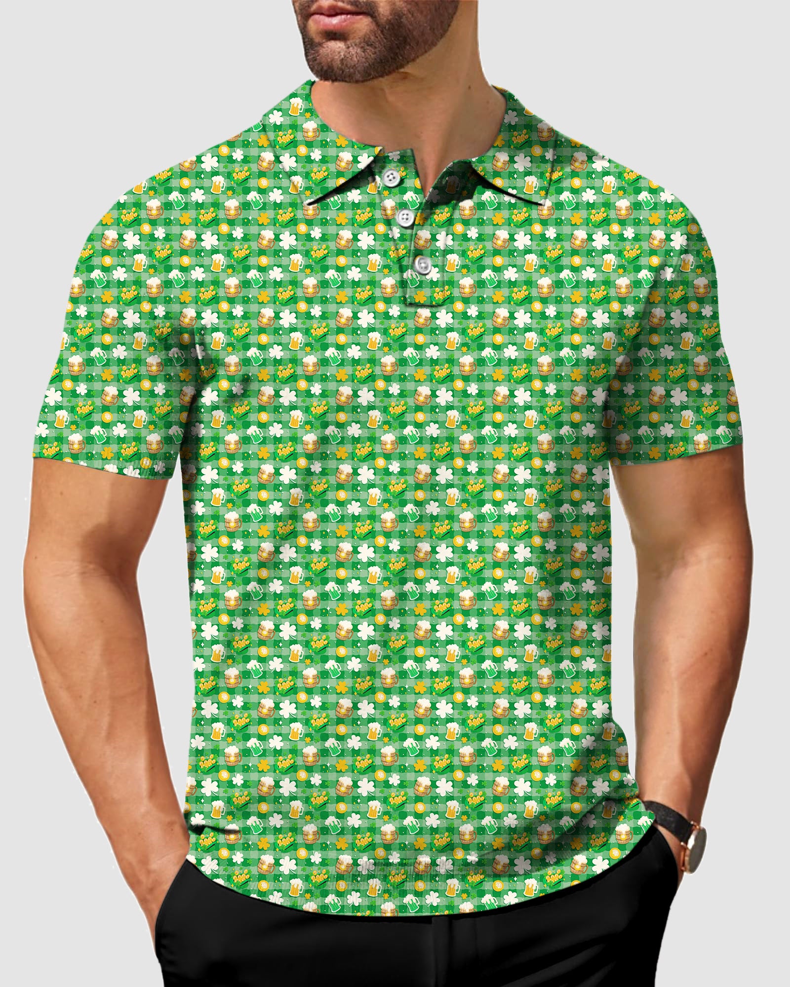 Men's Green beer and clover leaf St. Patrick's Day Golf Polo