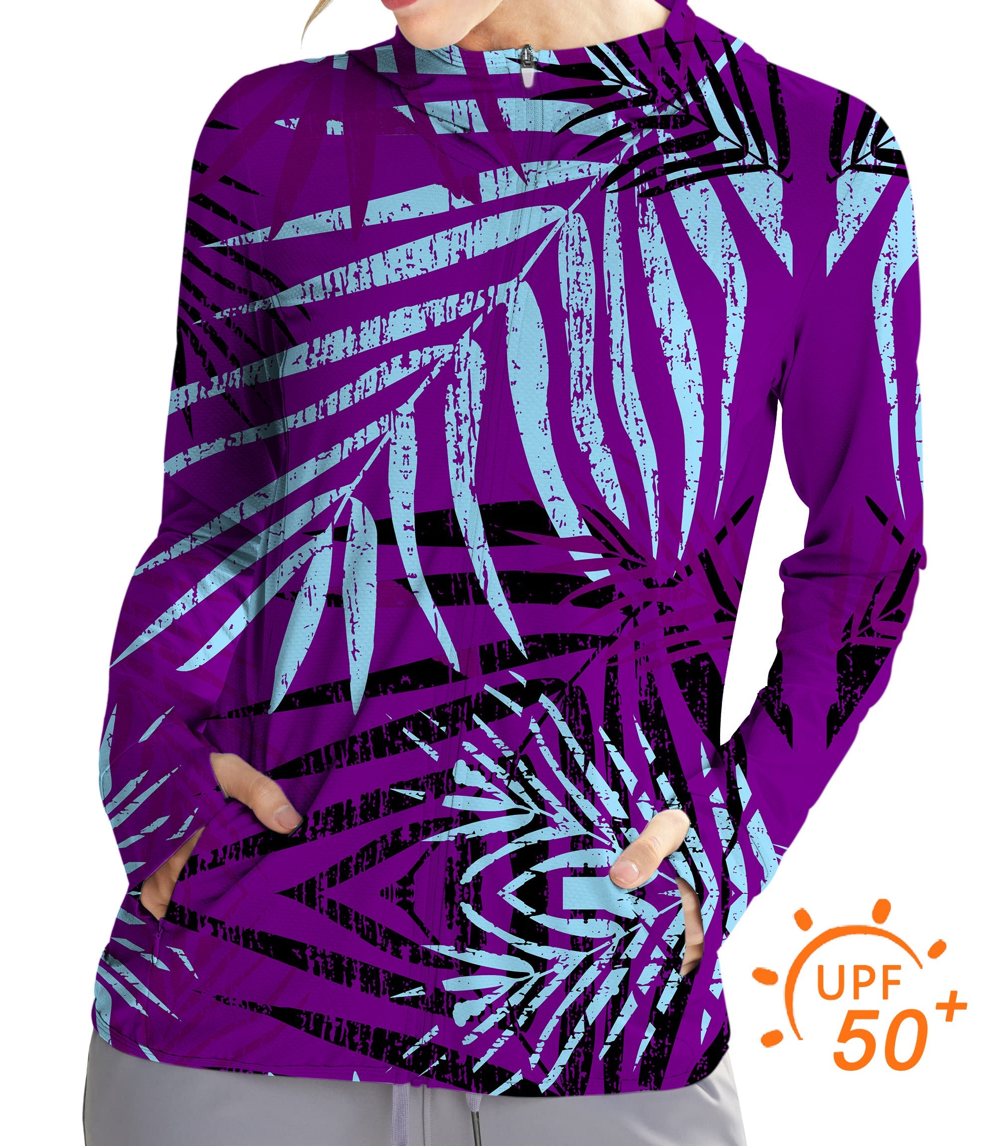 Women's outdoor purple leaf golf sun protection slim fit zip hoodie with UPF 50+