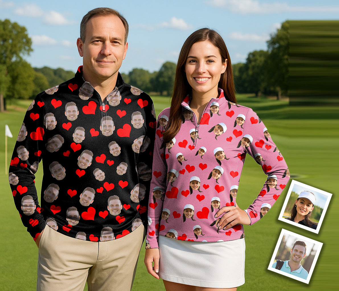 Couple wearing Custom Red Heart Photo golf active 3/4 zip tops with personalized faces and hearts on lightweight fabric