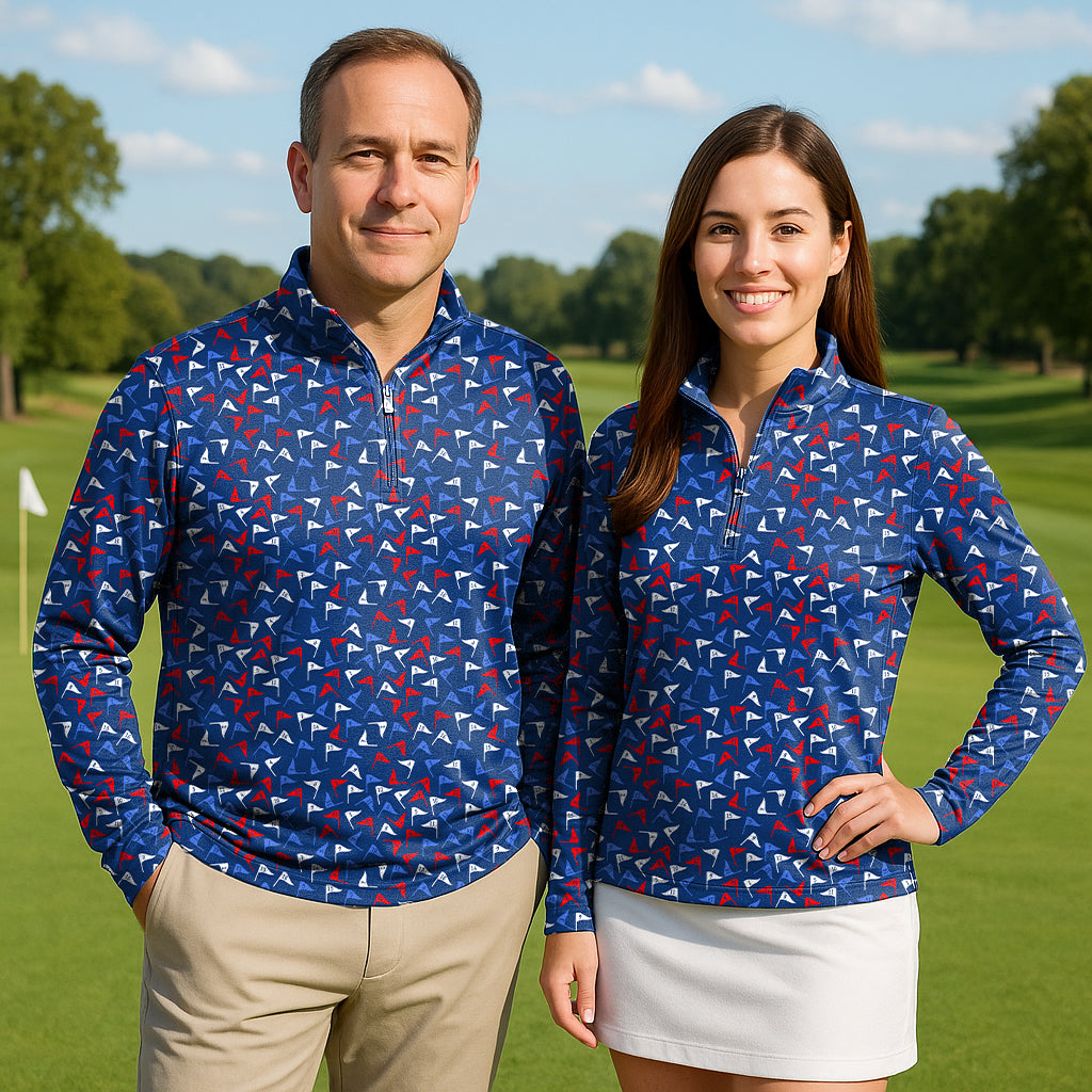 Flag Tap Couple Golf active 3/4 zip tops with long sleeves in lightweight, breathable fabric featuring red, white, and blue flag patterns, perfect for golf or beach walks