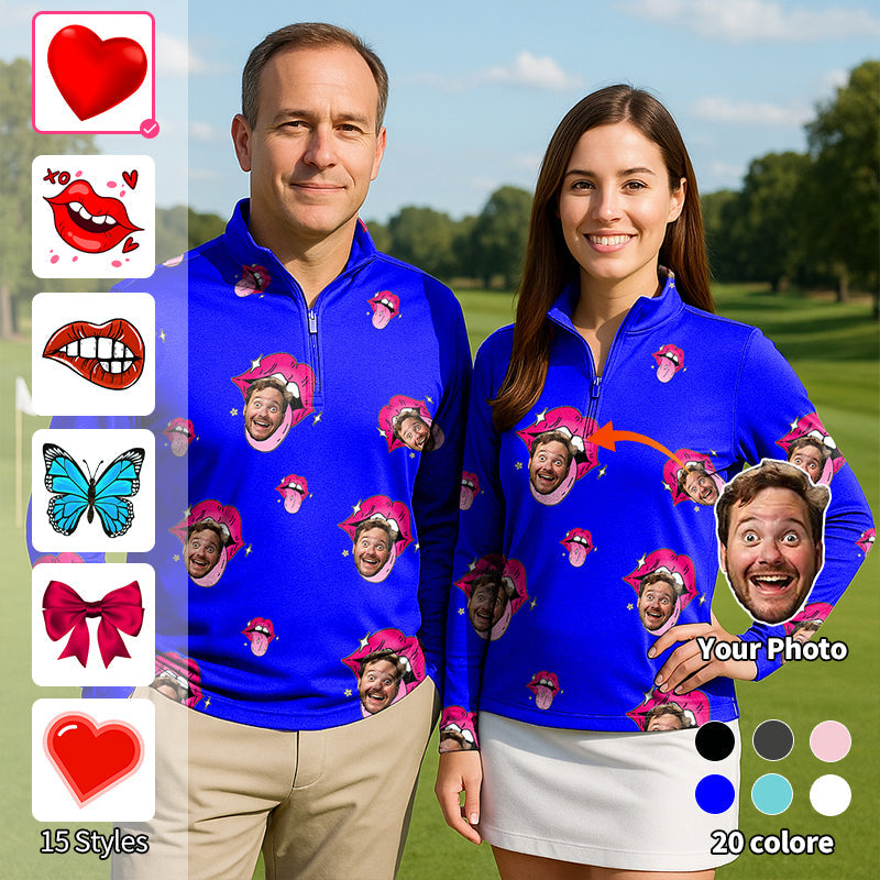 Couple wearing Valentine's Day custom royal blue 3/4 zip golf tops with personalized photo faces