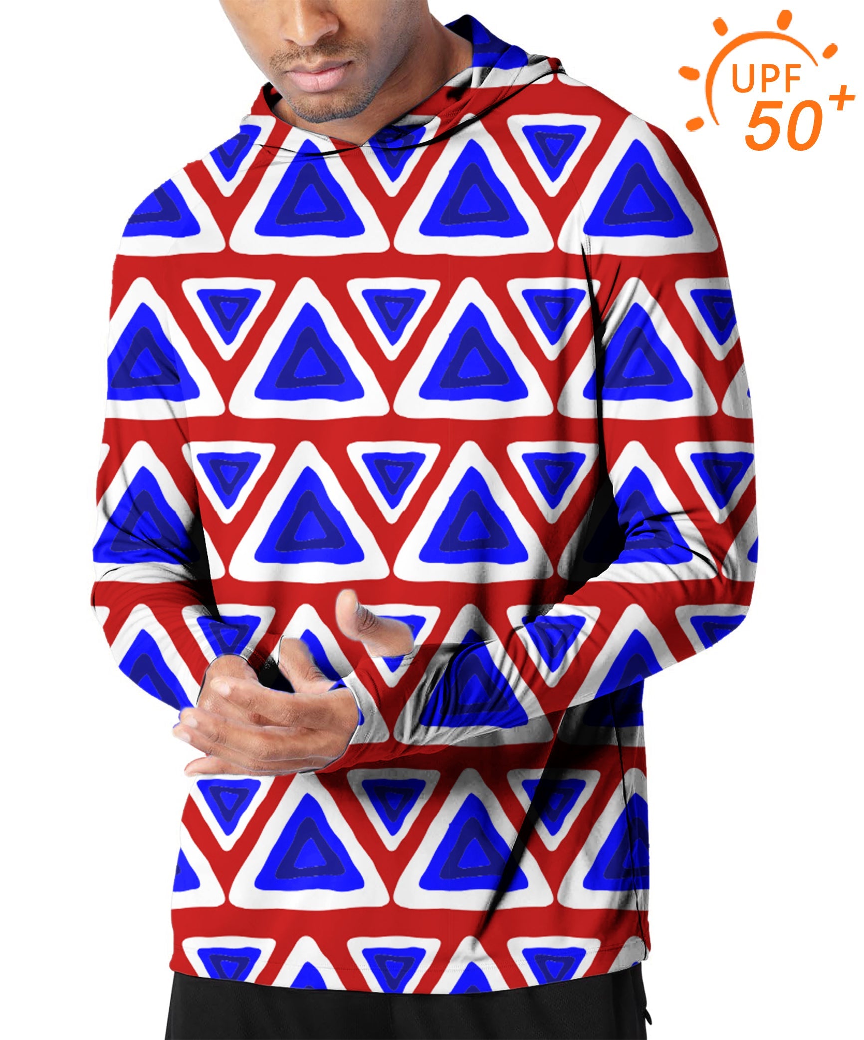 Men’s outdoor slim fit hooded golf hoodie with blue and red triangle tribal print and UPF 50+ sun protection