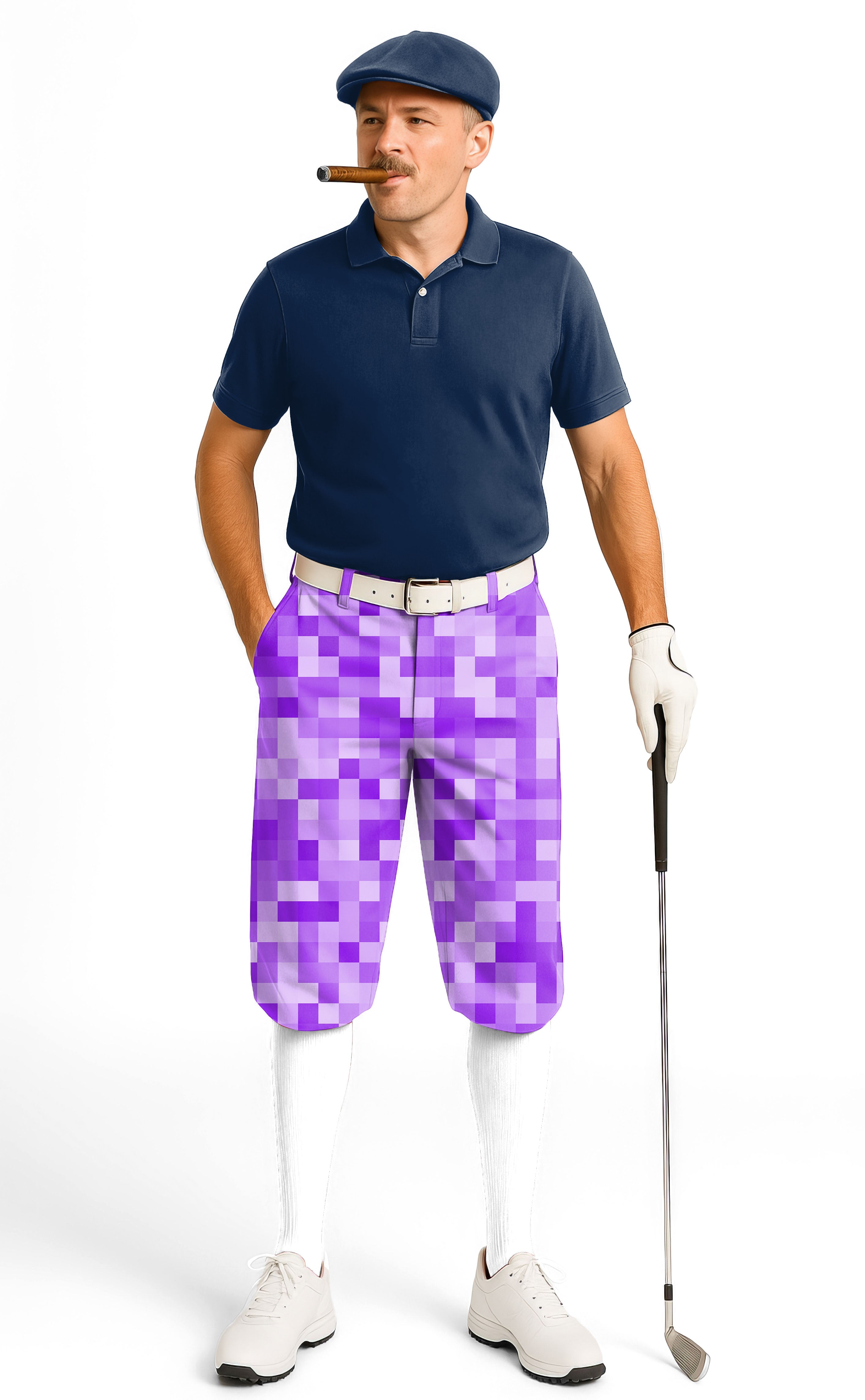 Man wearing purple pixel big men's golf knickers pants with navy shirt and golf club