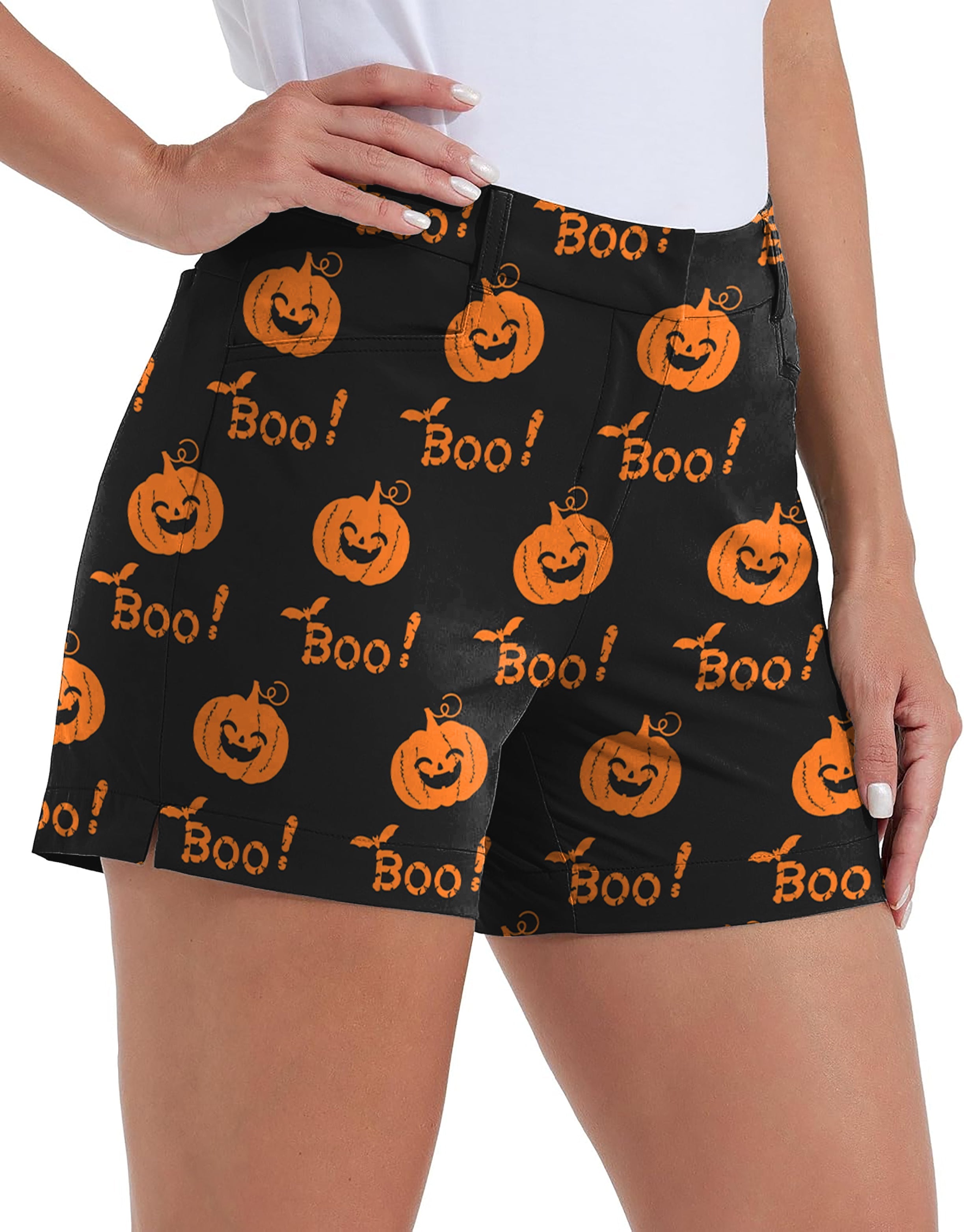 Women's Halloween Boo Pumpkin golf shorts with pockets, quick-drying, waterproof, and casual outdoor wear